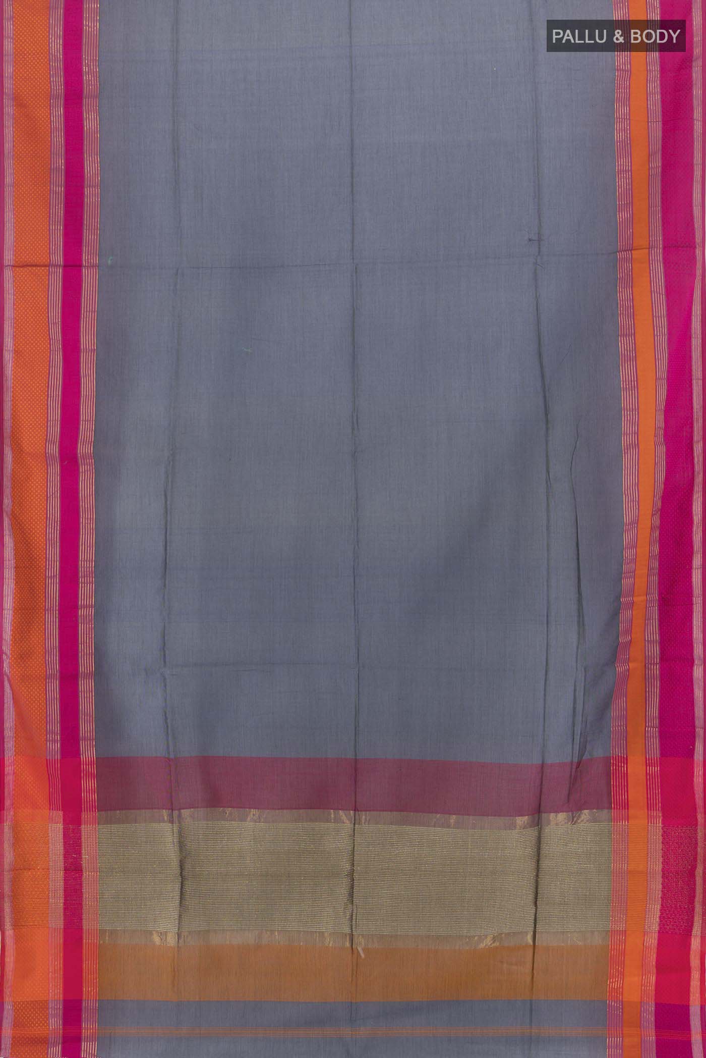 Flat view of Grey Maheshwari Silk Cotton Saree with Zari Butta on the body and Silk Border. 