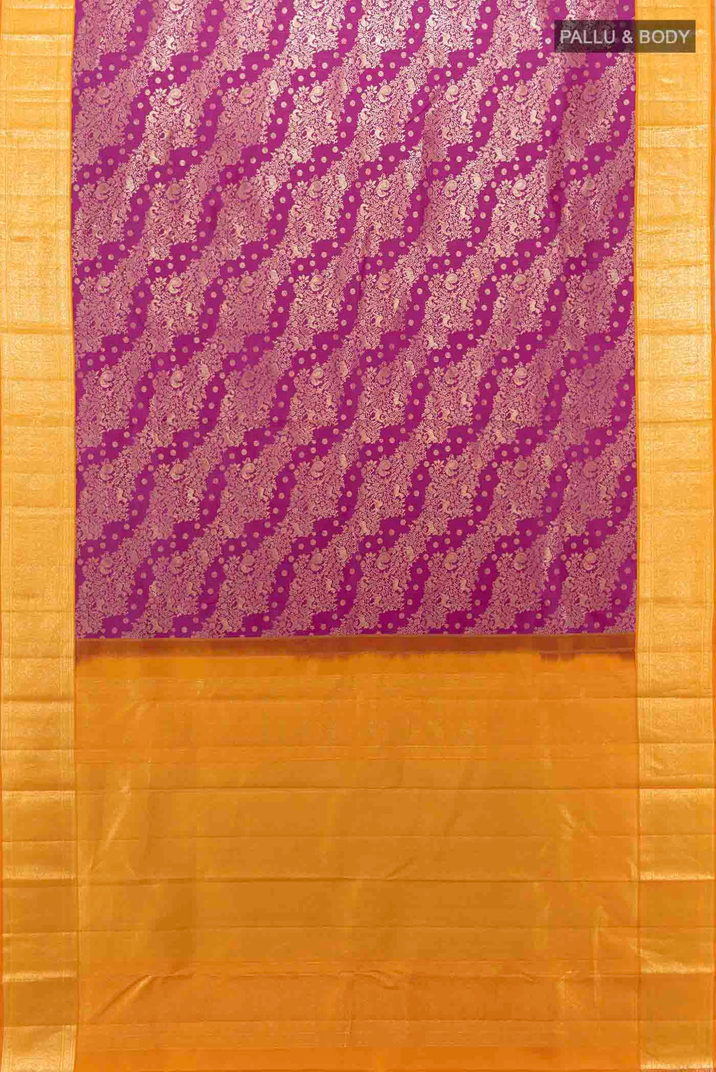 Flat view of Magenta Kanchipuram Silk Saree with Zari Butta on the body and Silk Border