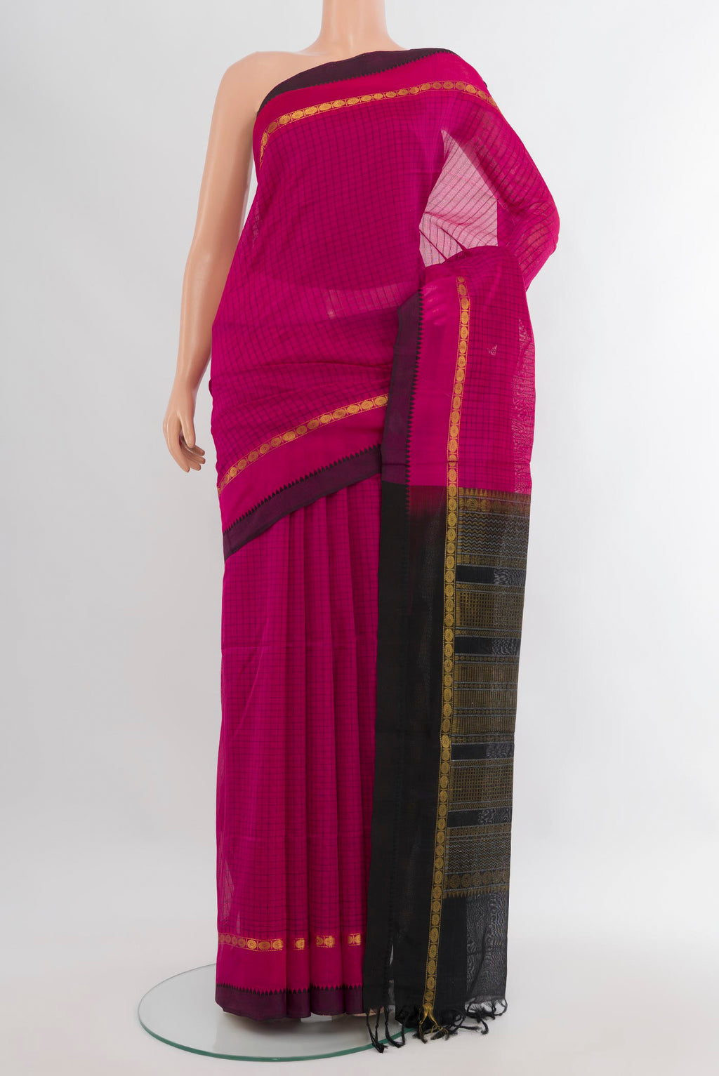 Dark Pink Silk Cotton Saree with Checked design on the body and Zari Border.  displayed on a mannequin