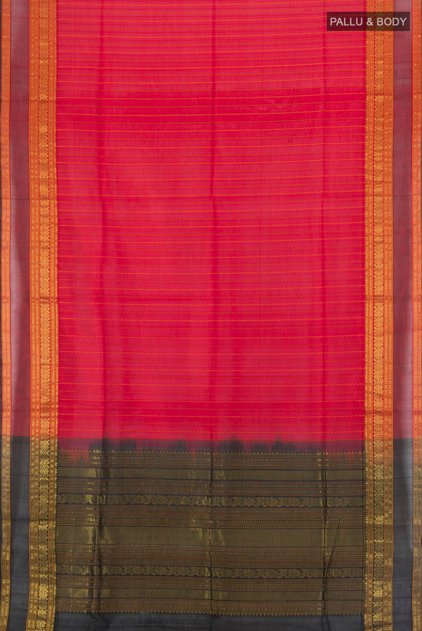 Flat view of Red Silk Cotton Saree with Stripes on the body and Zari Border. 