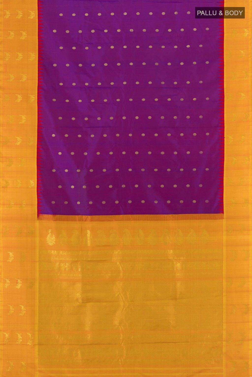 Flat view of Purple Gadwal Silk Saree with Zari Butta on the body and Zari Border. 