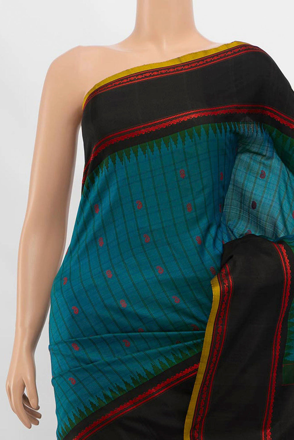 Border image of Peacock Blue Gadwal Silk Saree with Zari Butta on the body and Silk Border. 