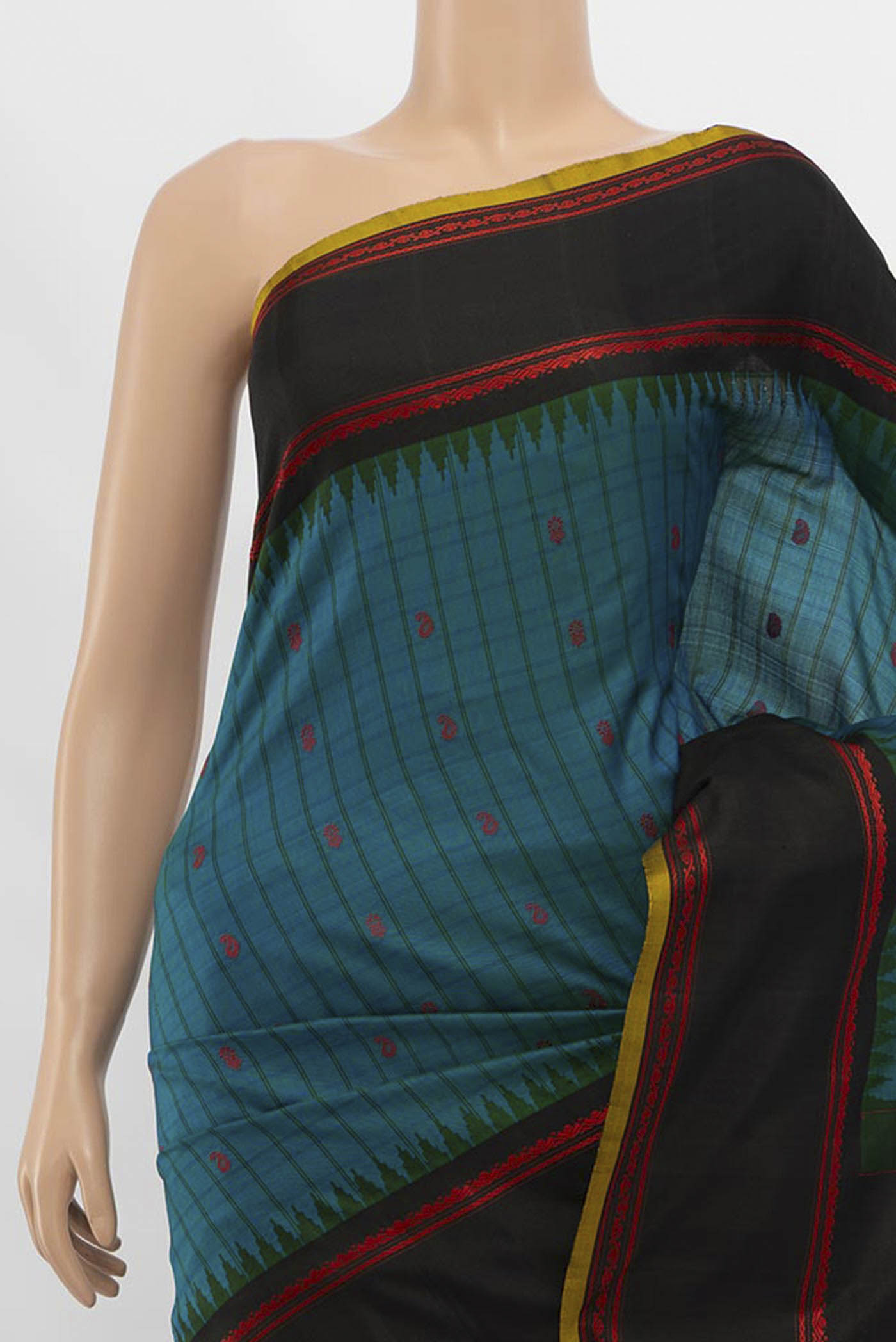 Border image of Peacock Blue Gadwal Silk Saree with Zari Butta on the body and Silk Border. 