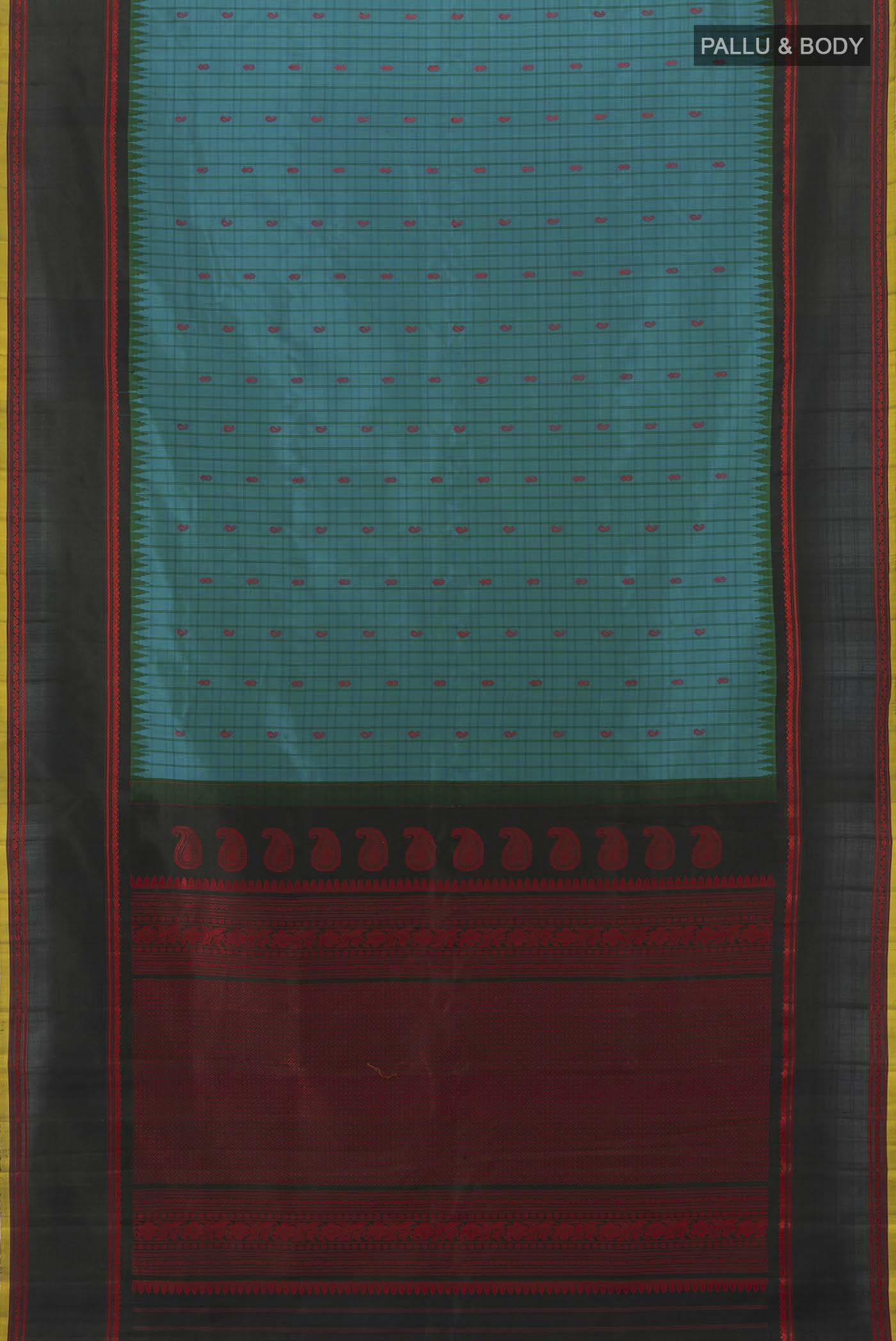 Flat view of Peacock Blue Gadwal Silk Saree with Zari Butta on the body and Silk Border. 