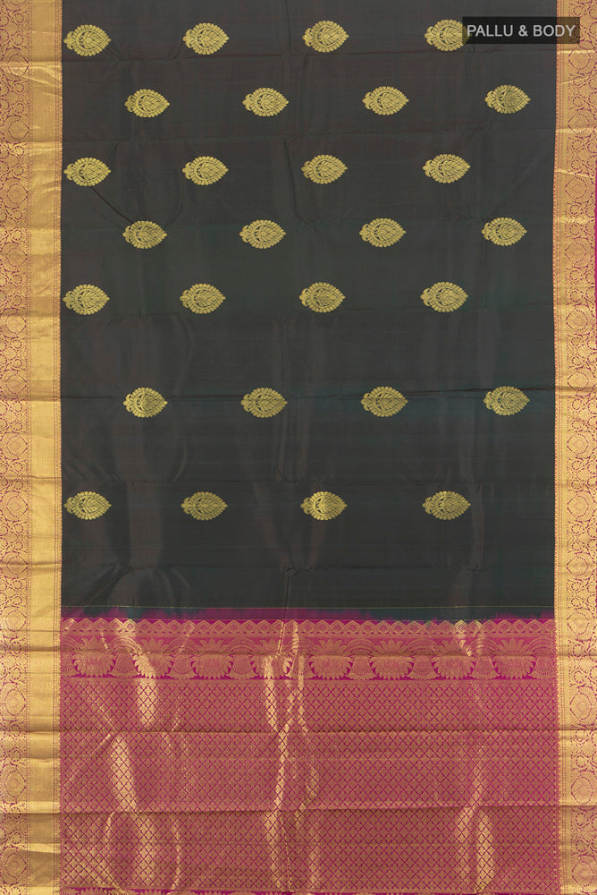 Flat view of Pure Silk Pure Zari Mint Green Kanchipuram Saree with Zari Butta on the body and Silk Border. 