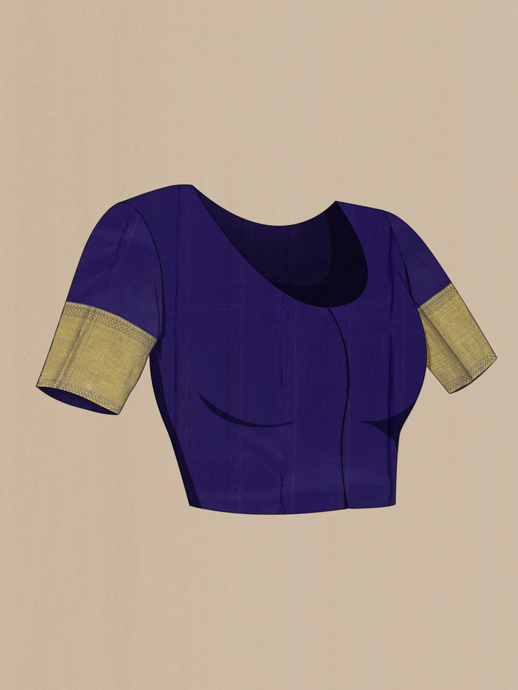 Close up image of the blouse of Teal Kanchipuram Silk Saree with Zari Butta on the body and Silk Border. 