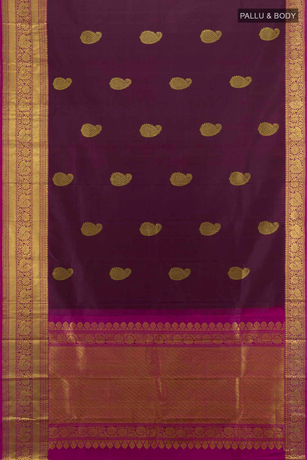 Flat view of Coffee Brown Kanchipuram Silk Saree with Zari Butta on the body and Silk Border. 