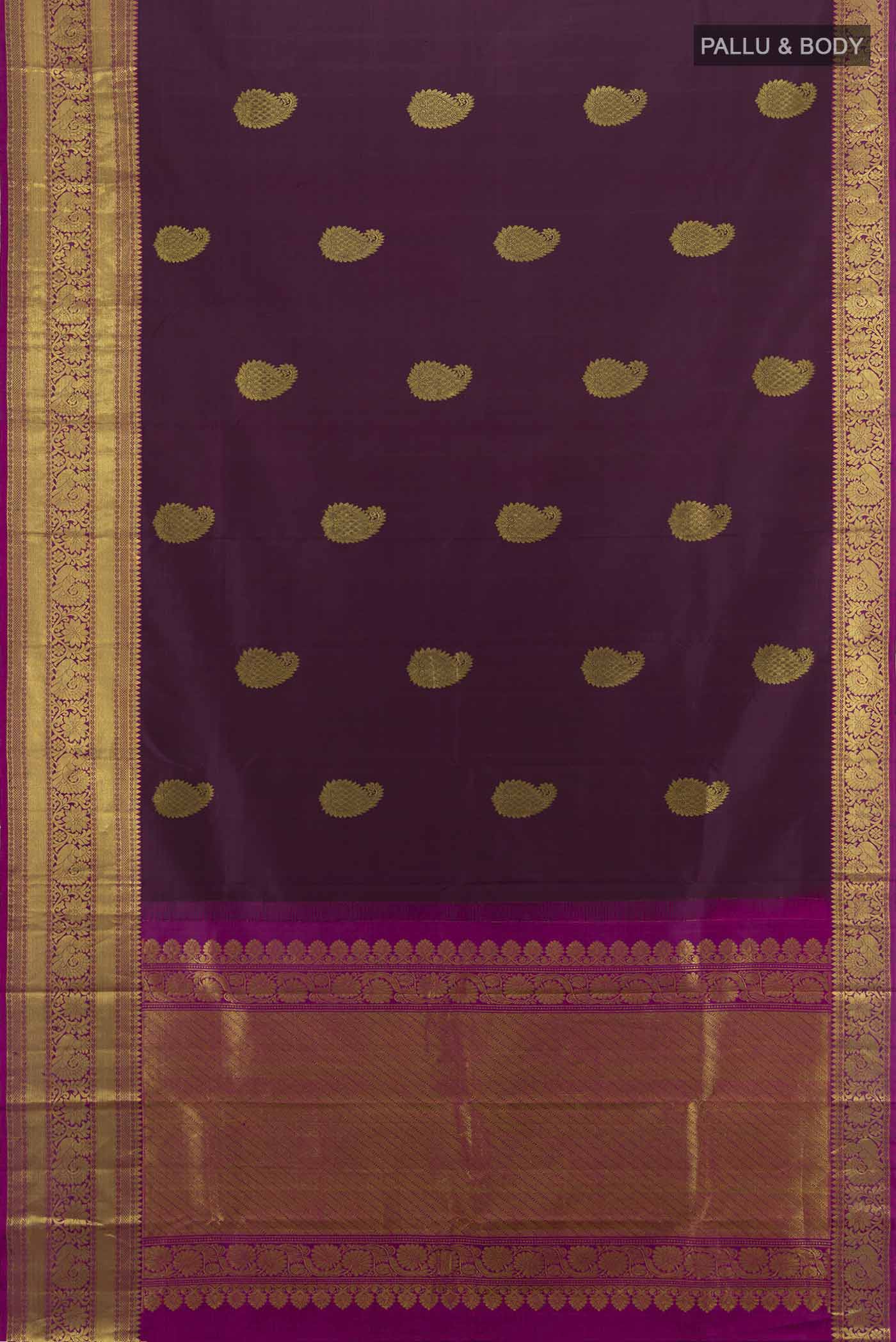 Flat view of Coffee Brown Kanchipuram Silk Saree with Zari Butta on the body and Silk Border. 
