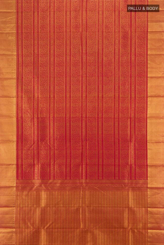 Flat view of Maroon Kanjivaram Silk Saree with Zari Butta on the body and Silk Border. 