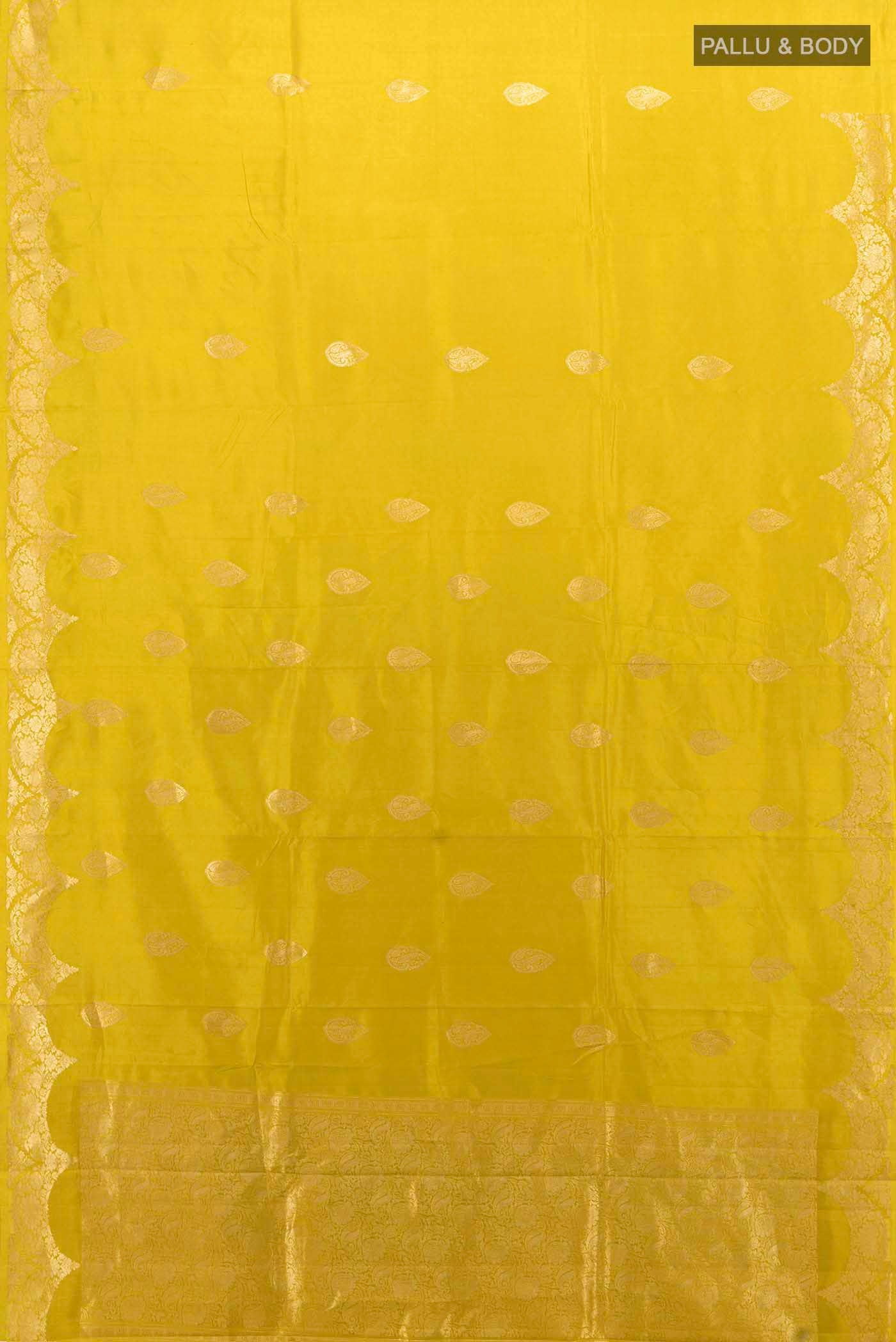 Flat view of Mehandi Green Banarasi Raw Silk Saree with Zari Butta on the body and Silk Border