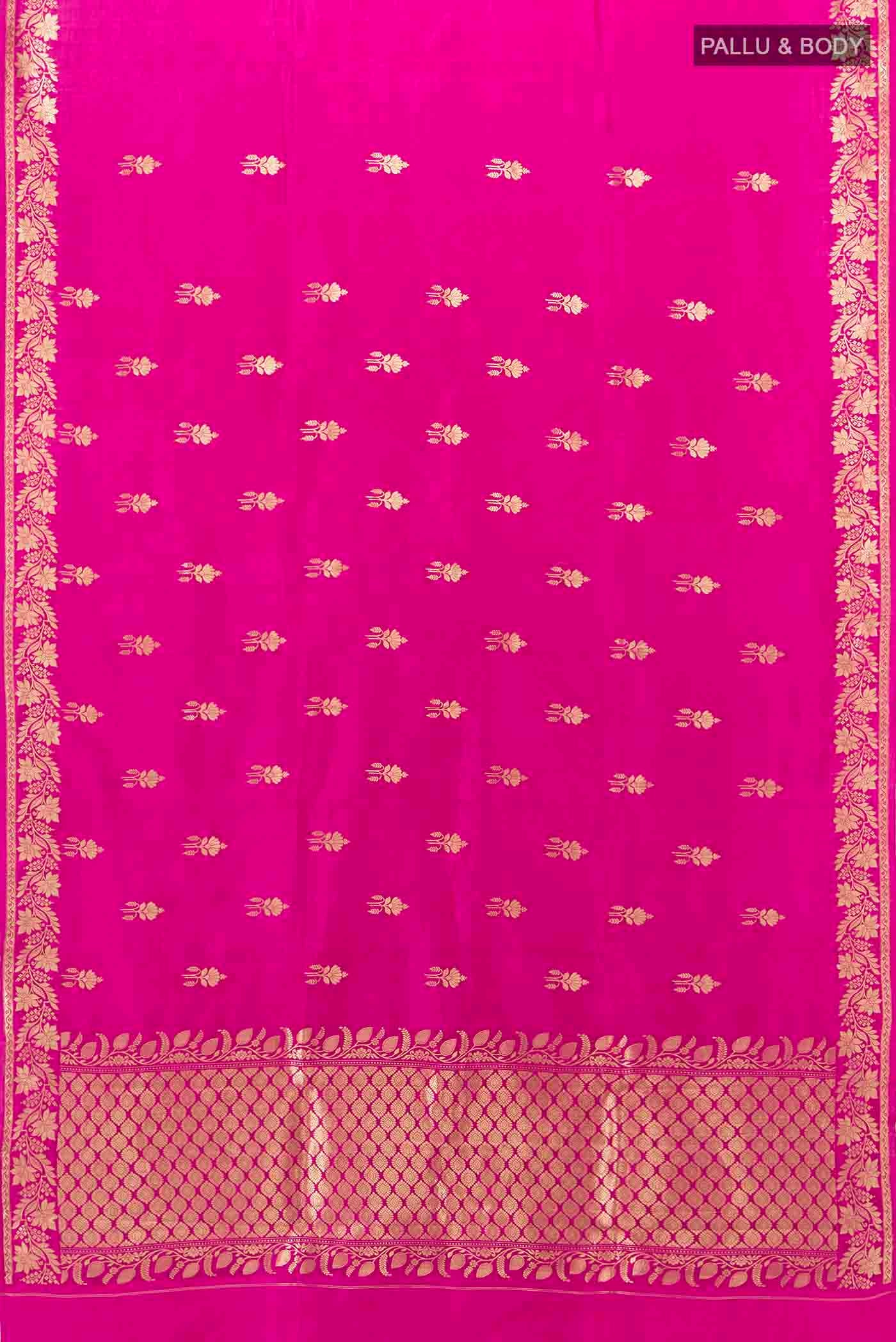 Flat view of Magenta Banarasi Katan Silk Saree with Zari Butta on the body and Silk Border