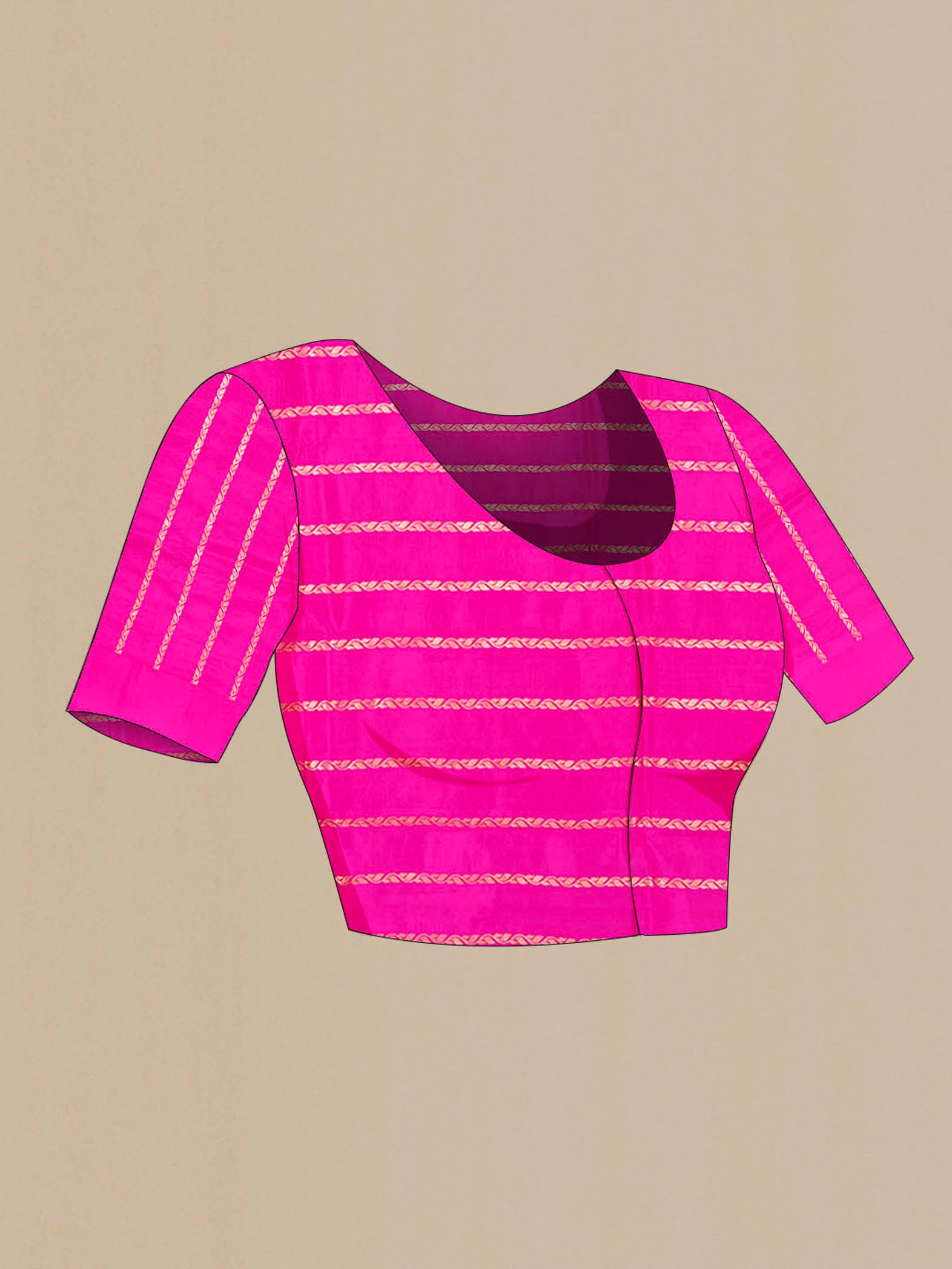 Close up image of the blouse of Magenta Banarasi Katan Silk Saree with Zari Butta on the body and Zari Border. 