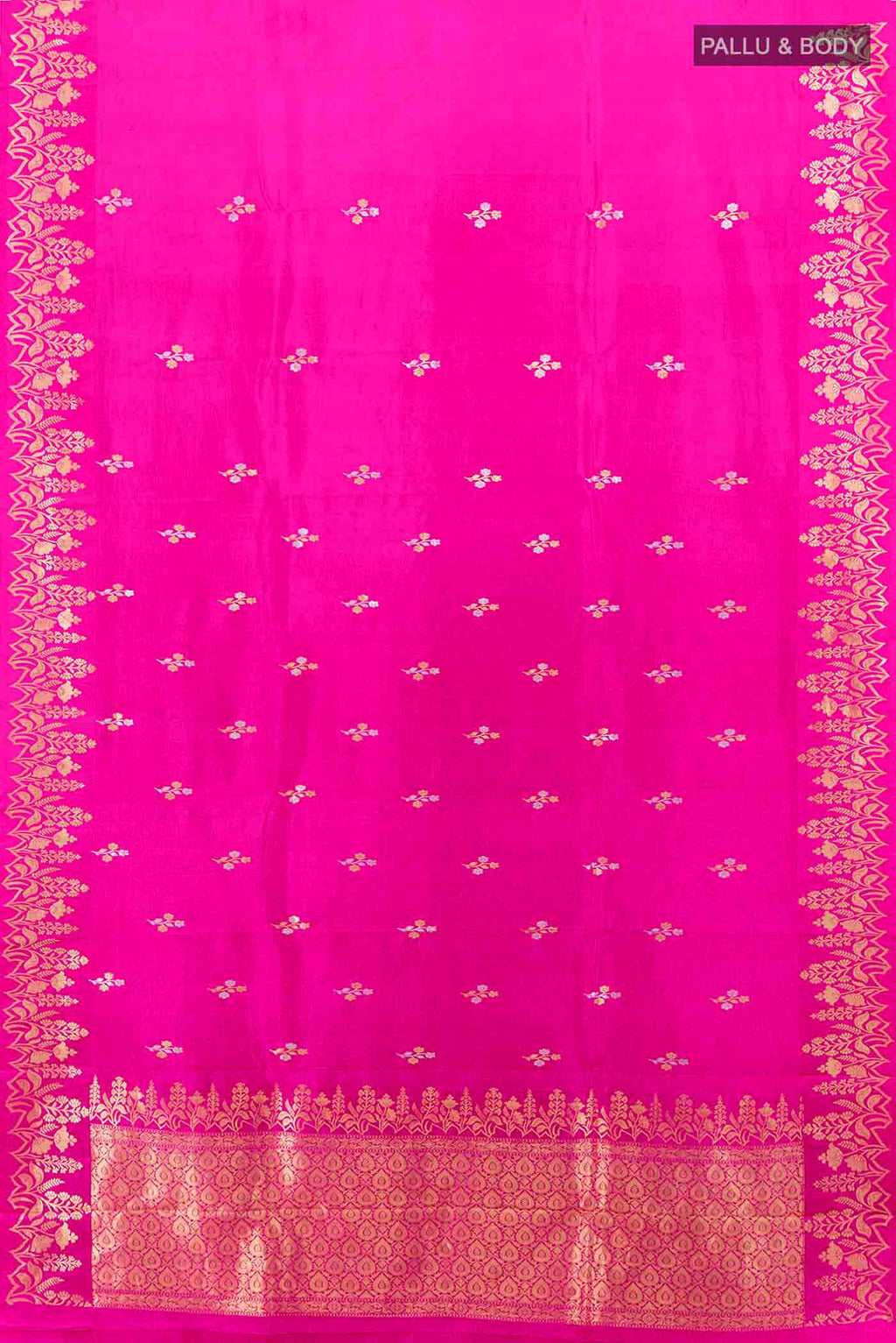 Flat view of Magenta Banarasi Katan Silk Saree with Zari Butta on the body and Zari Border. 