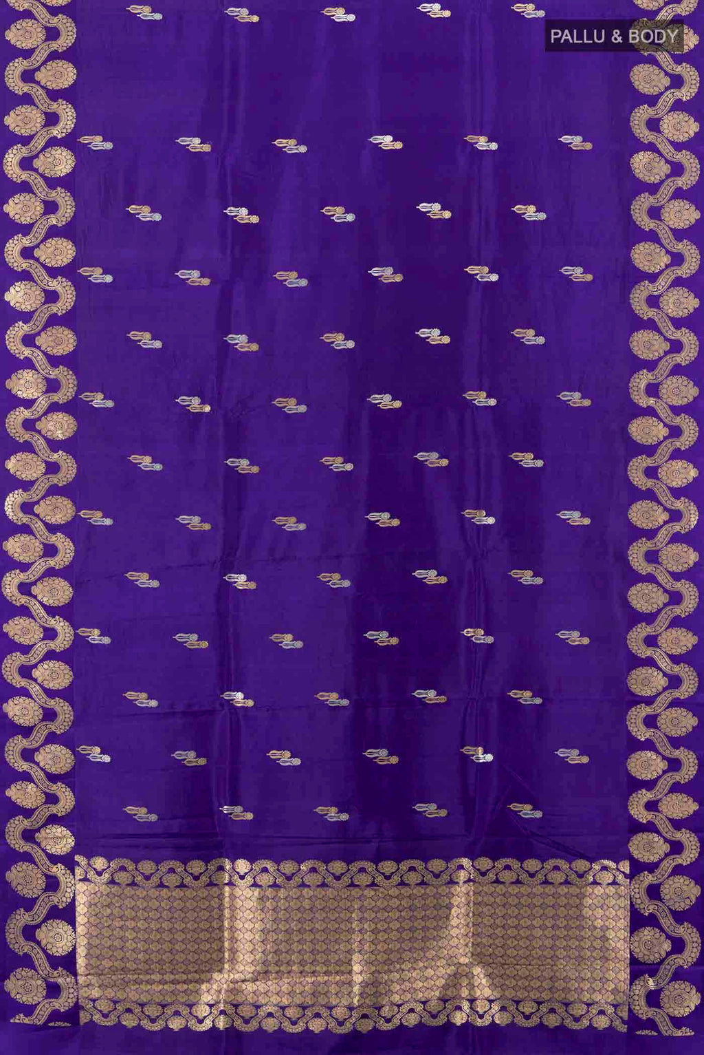 Flat view of Violet Banarasi Katan Silk Saree with Zari Butta on the body and Silk Border. 