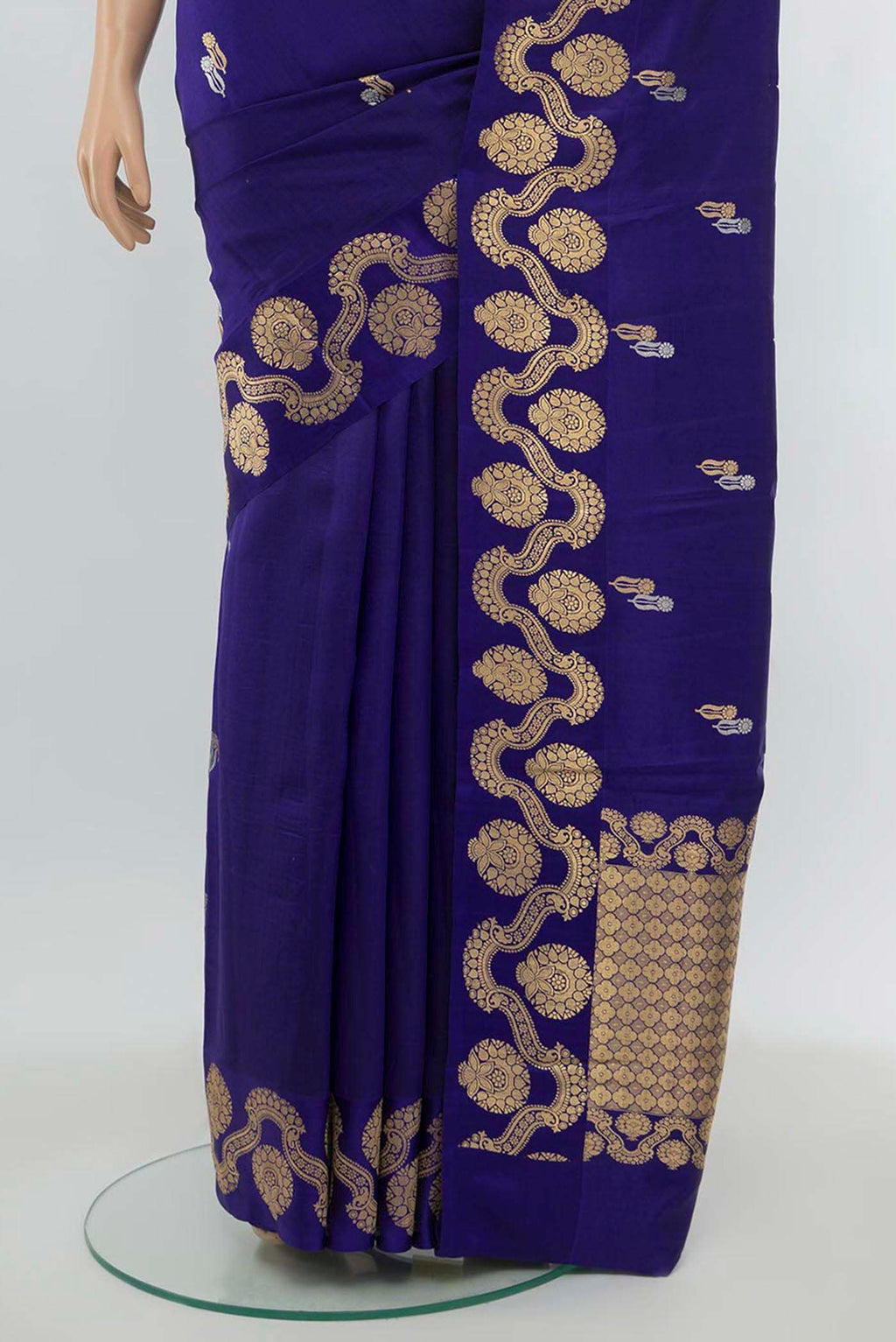 Pleats and pallu of Violet Banarasi Katan Silk Saree with Zari Butta on the body and Silk Border. 
