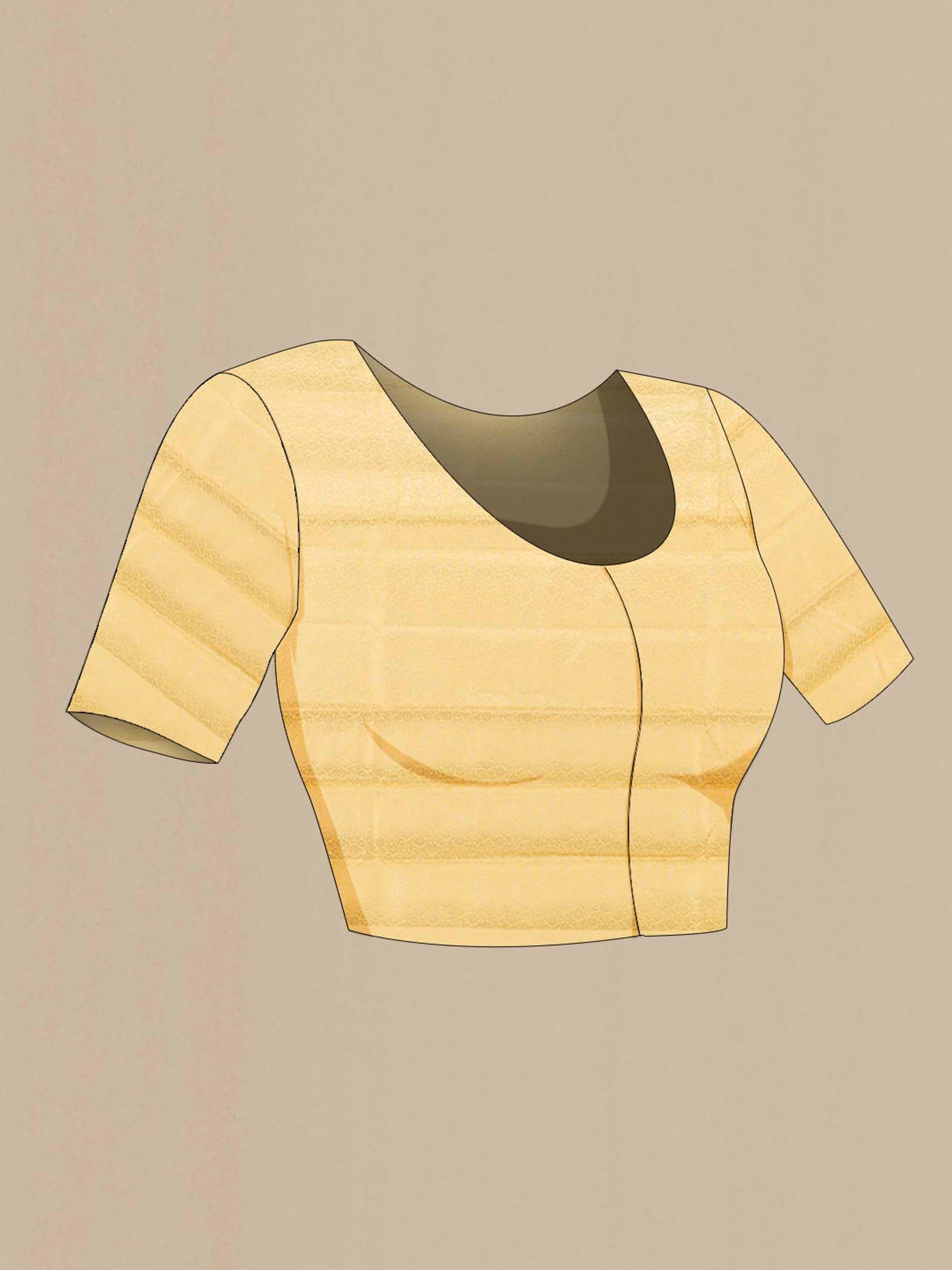 Close up image of the blouse of Yellow Banarasi Raw Silk Saree with Zari Butta on the body and Silk Border