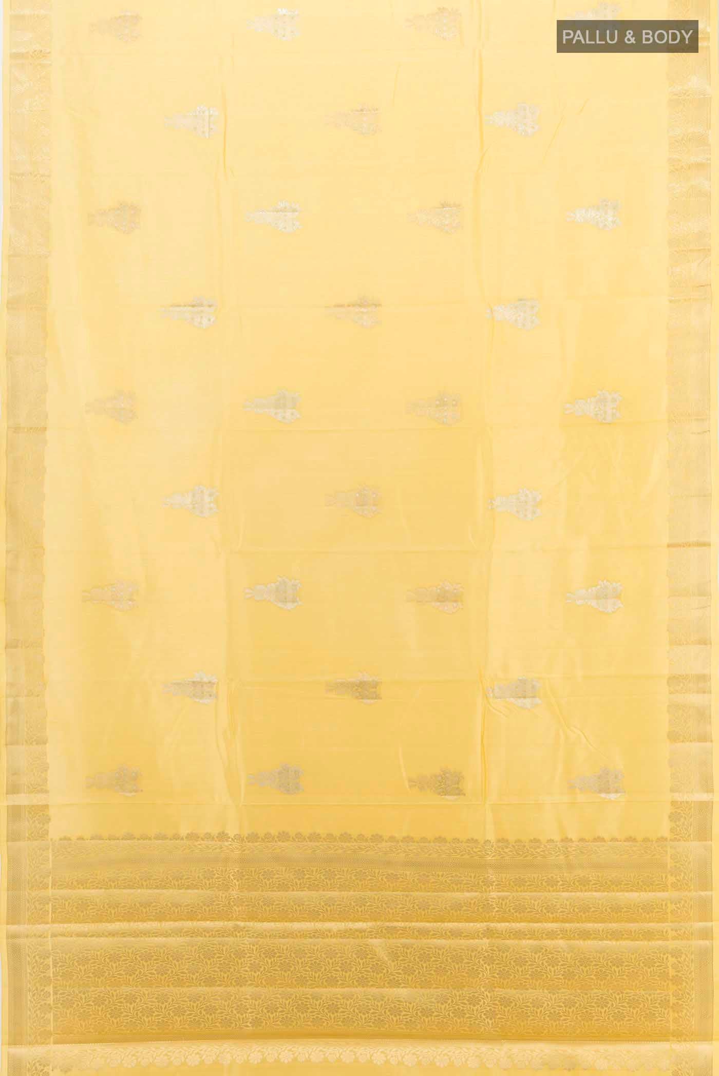 Flat view of Yellow Banarasi Raw Silk Saree with Zari Butta on the body and Silk Border