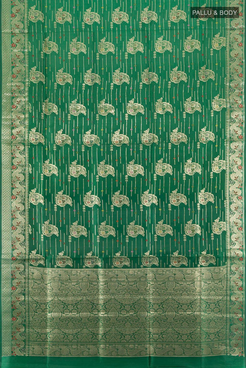 Flat view of Bottle Green Banarasi Raw Silk Saree with Zari Butta on the body and Silk Border. 