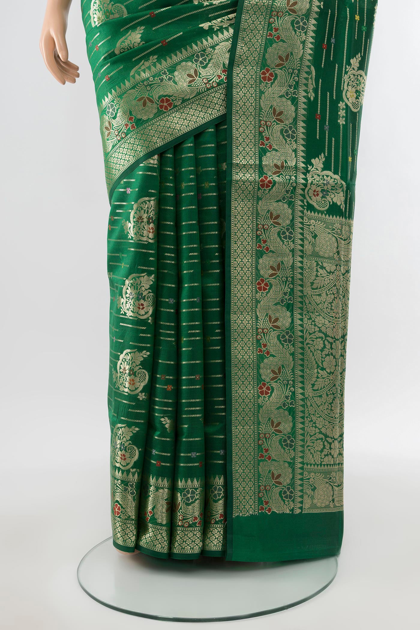 Pleats and pallu of Bottle Green Banarasi Raw Silk Saree with Zari Butta on the body and Silk Border. 