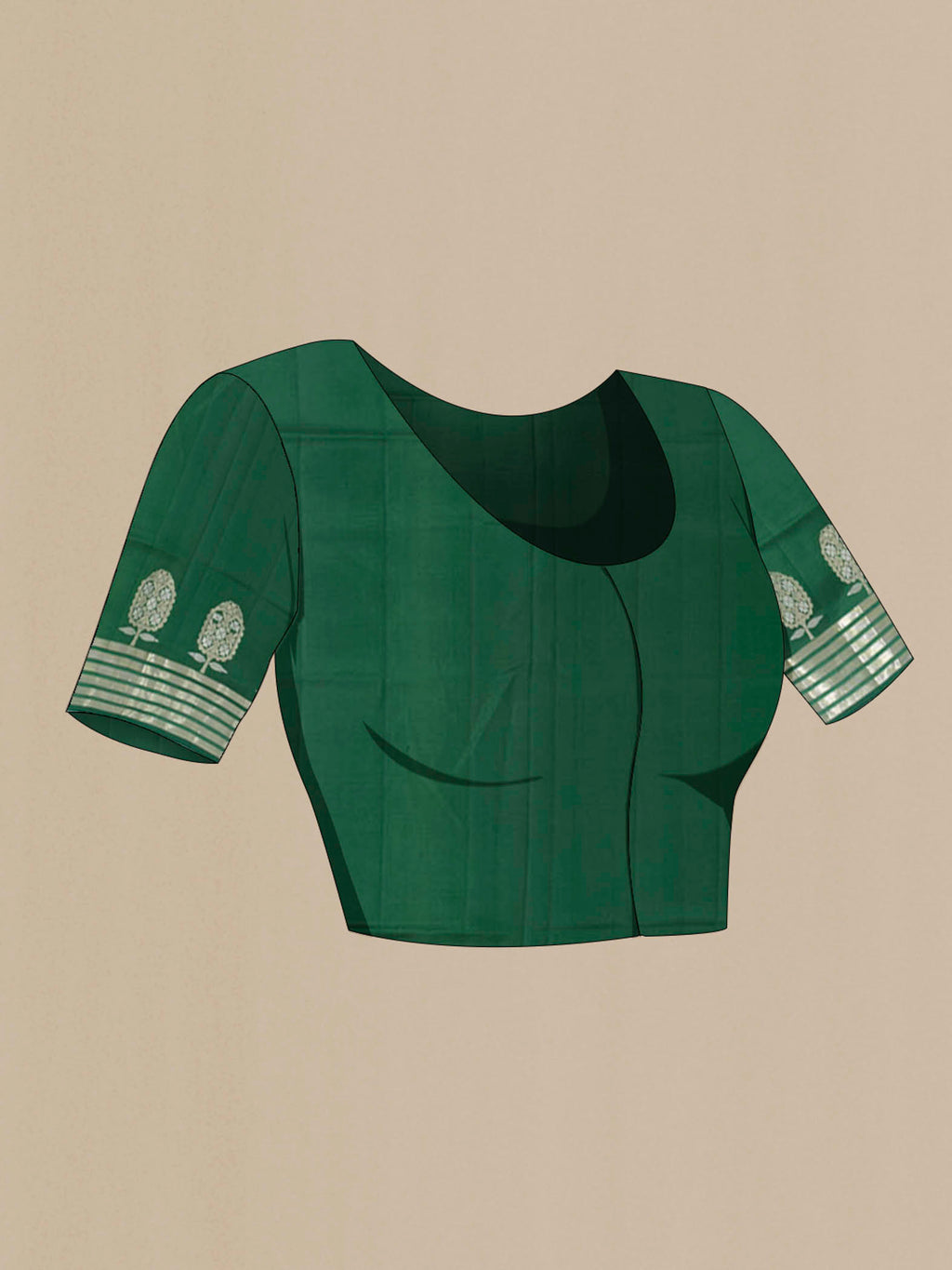 Close up image of the blouse of Bottle Green Banarasi Raw Silk Saree with Zari Butta on the body and Silk Border