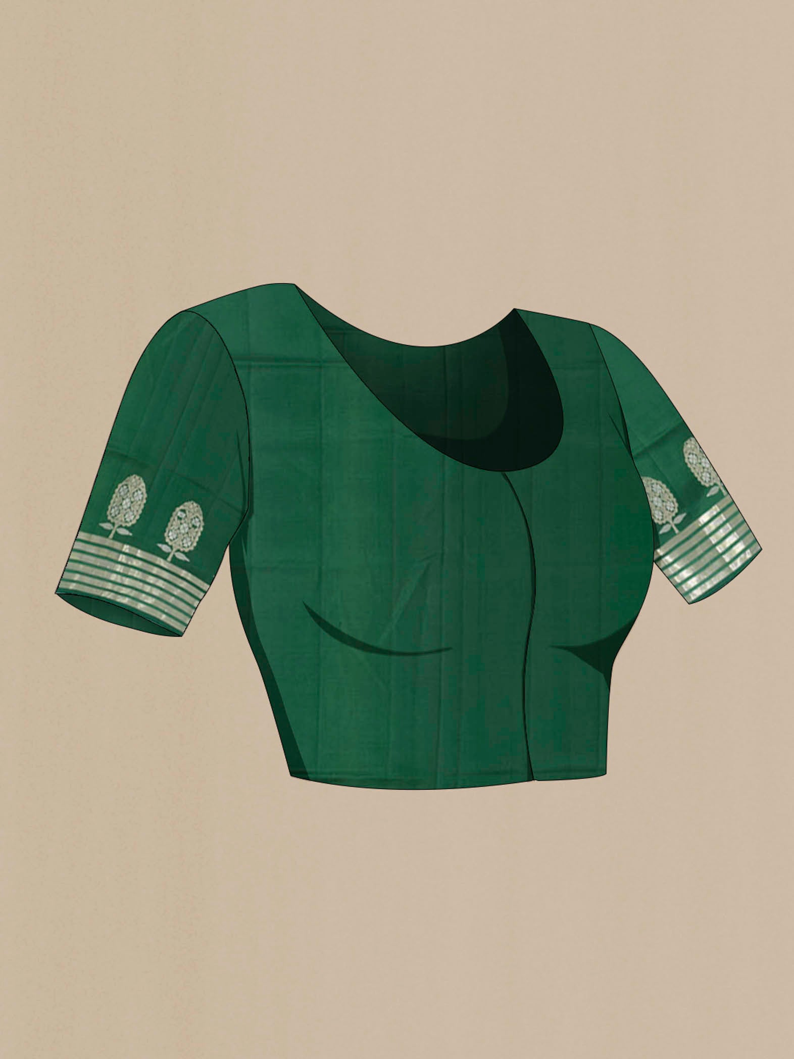 Close up image of the blouse of Bottle Green Banarasi Raw Silk Saree with Zari Butta on the body and Silk Border