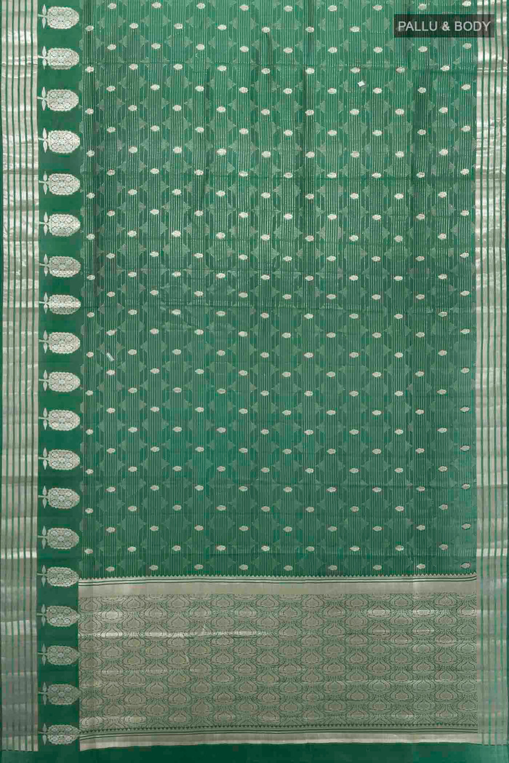 Flat view of Bottle Green Banarasi Raw Silk Saree with Zari Butta on the body and Silk Border