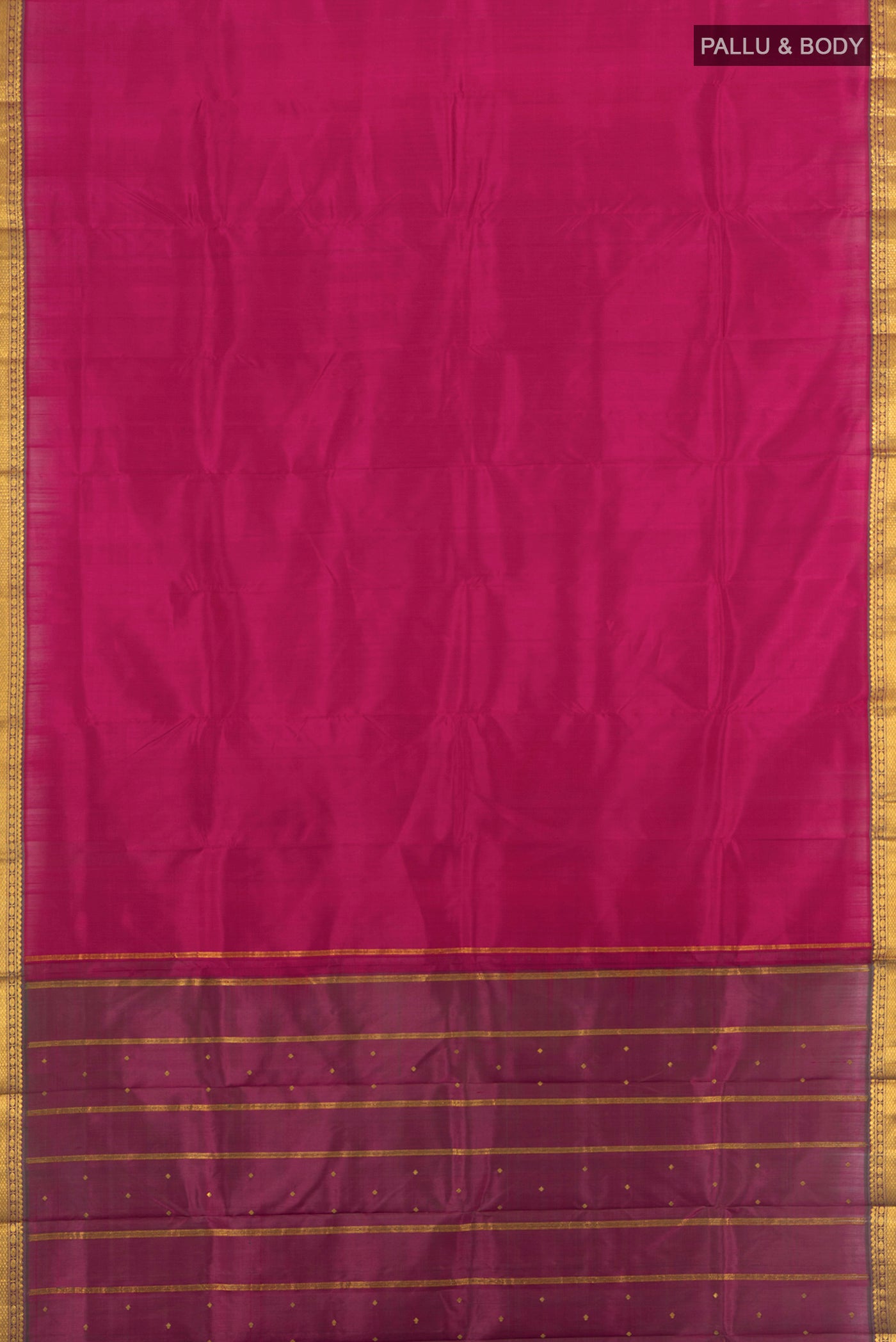 Flat view of Dark Pink Kanjivaram Silk Saree with Plain Body and Zari Border. 