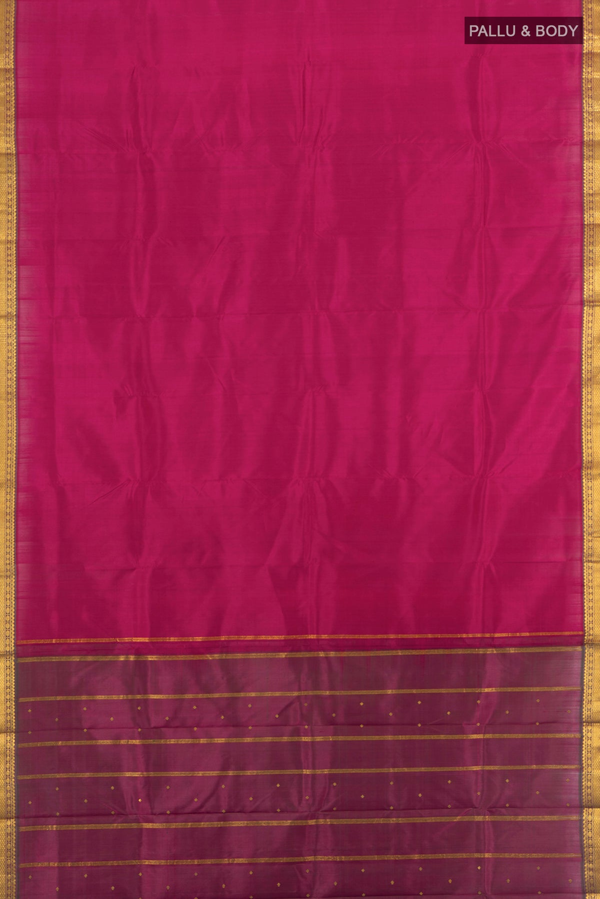 Flat view of Dark Pink Kanjivaram Silk Saree with Plain Body and Zari Border. 