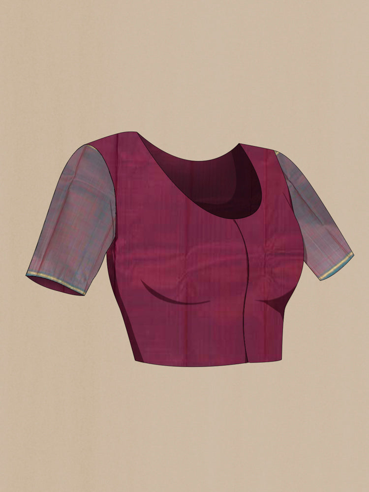 Close up image of the blouse of Maroon Kanjivaram Silk Saree with Zari Butta on the body and Silk Border. 