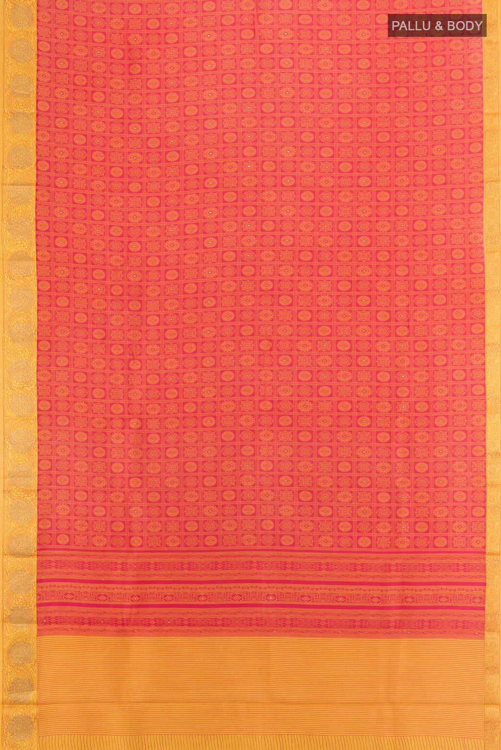 Flat view of Red Tussar Silk Saree with Floral Print on the body and Embroidery Border. 
