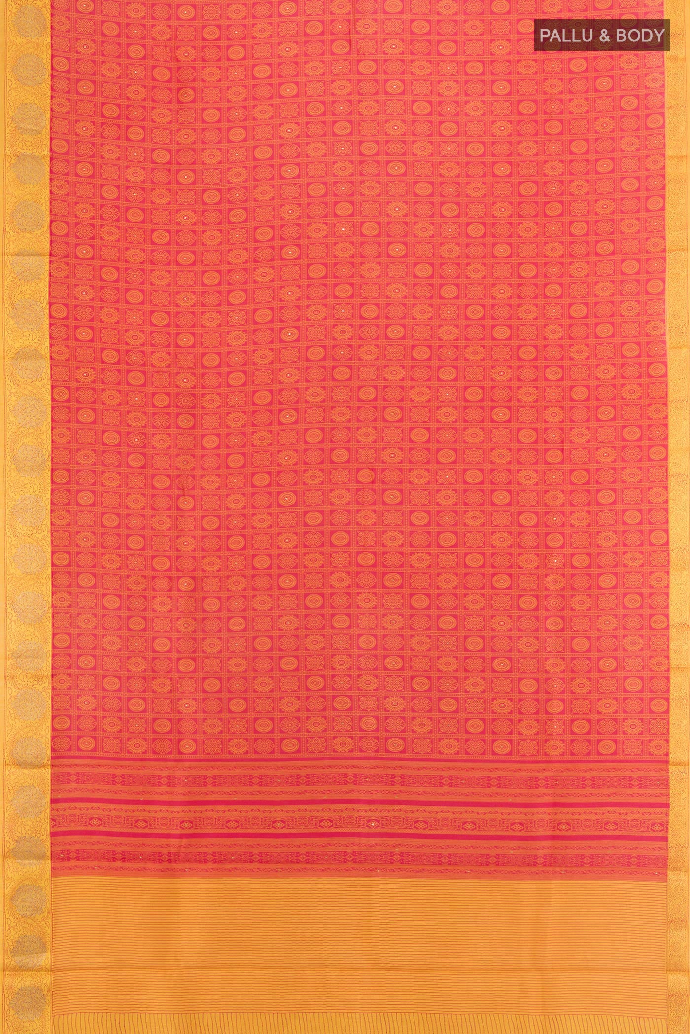 Flat view of Red Tussar Silk Saree with Floral Print on the body and Embroidery Border. 