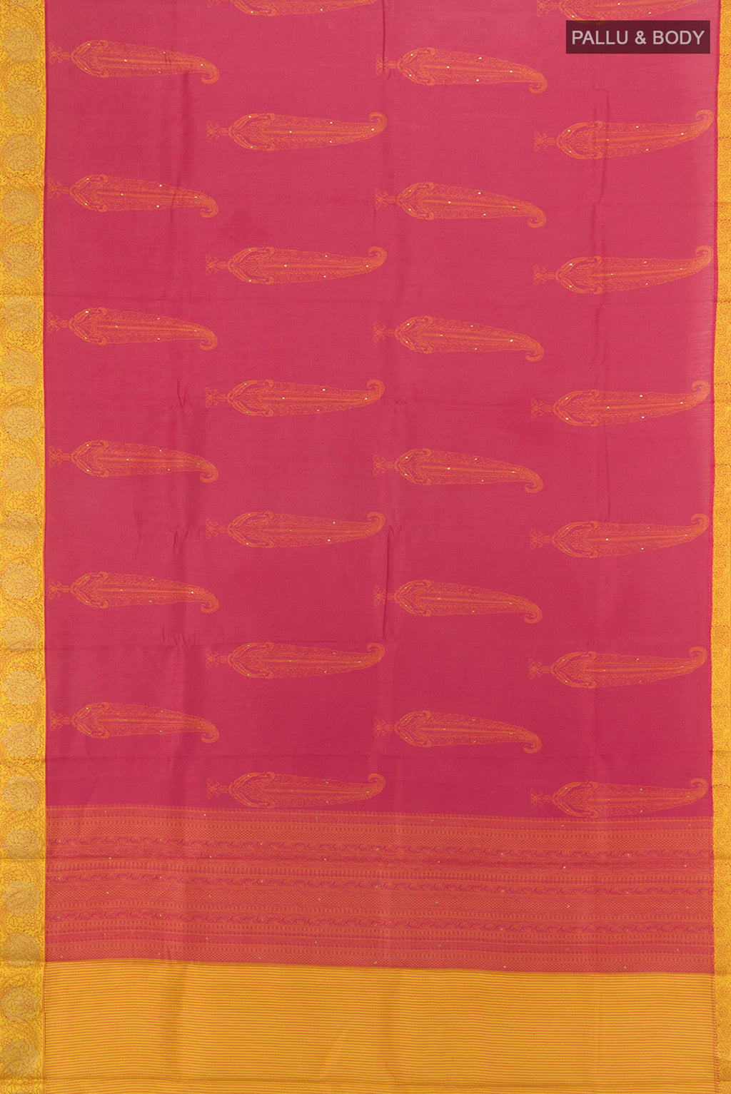 Flat view of Pink Tussar Silk Saree with Floral Print on the body and Zari Border. 