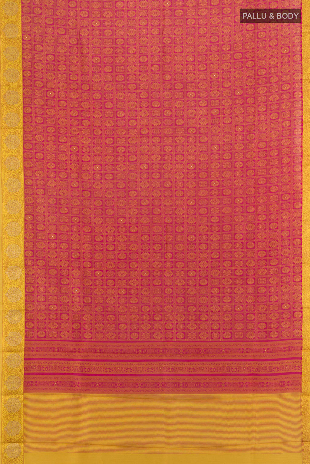 Flat view of Pink Tussar Silk Saree with Floral Print on the body and Zari Border. 