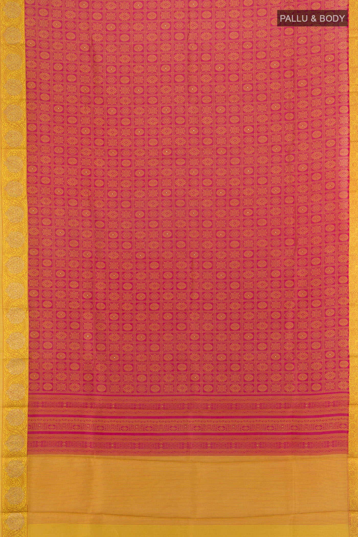 Flat view of Pink Tussar Silk Saree with Floral Print on the body and Zari Border. 
