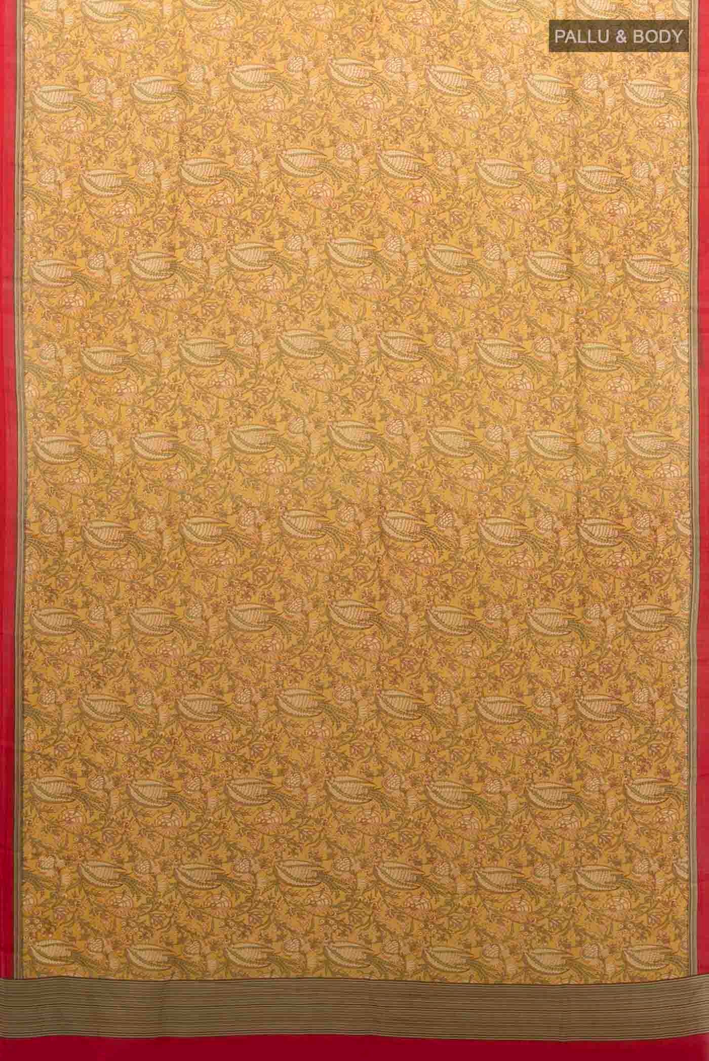 Flat view of Beige Printed Silk Saree with Floral Print on the body and Fancy Border