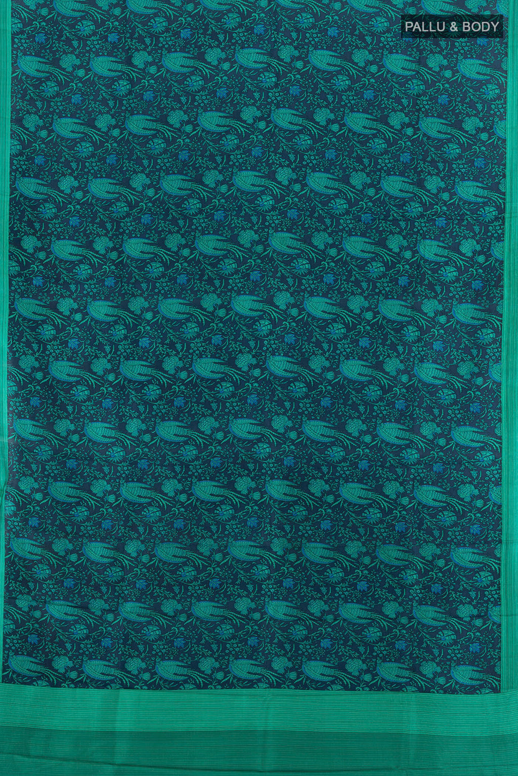 Flat view of Navy Blue Printed Silk Saree with Floral Print on the body and Printed Border. 