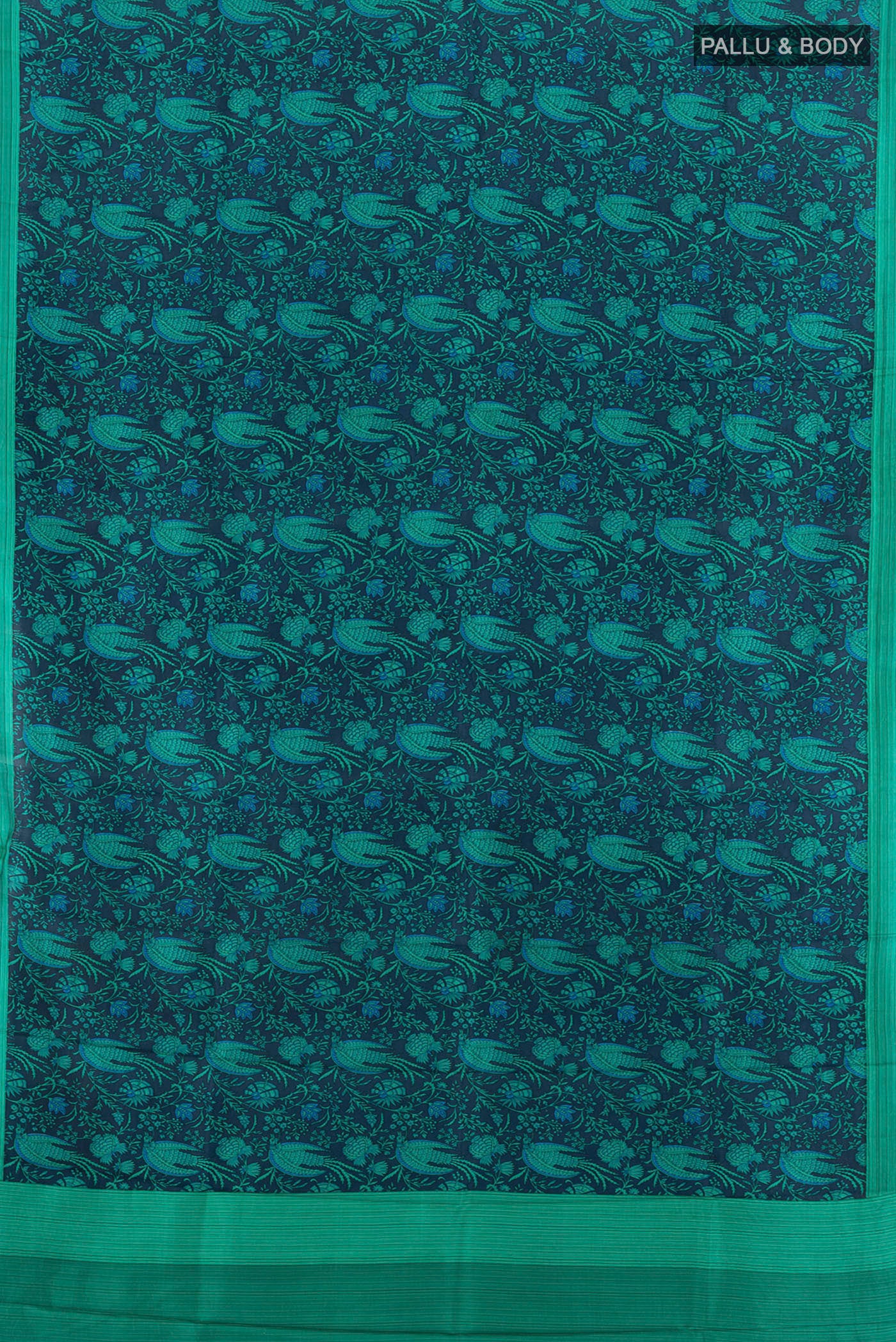 Flat view of Navy Blue Printed Silk Saree with Floral Print on the body and Printed Border. 