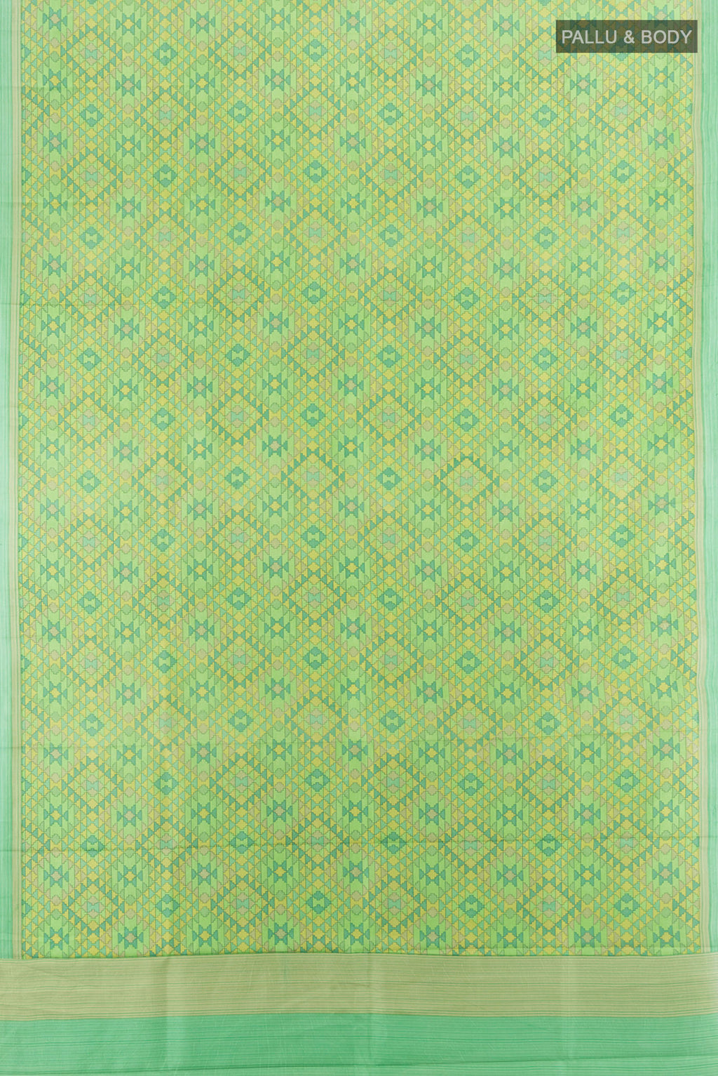 Flat view of Green Printed Silk Saree with Printed design on the body and Printed Border. 