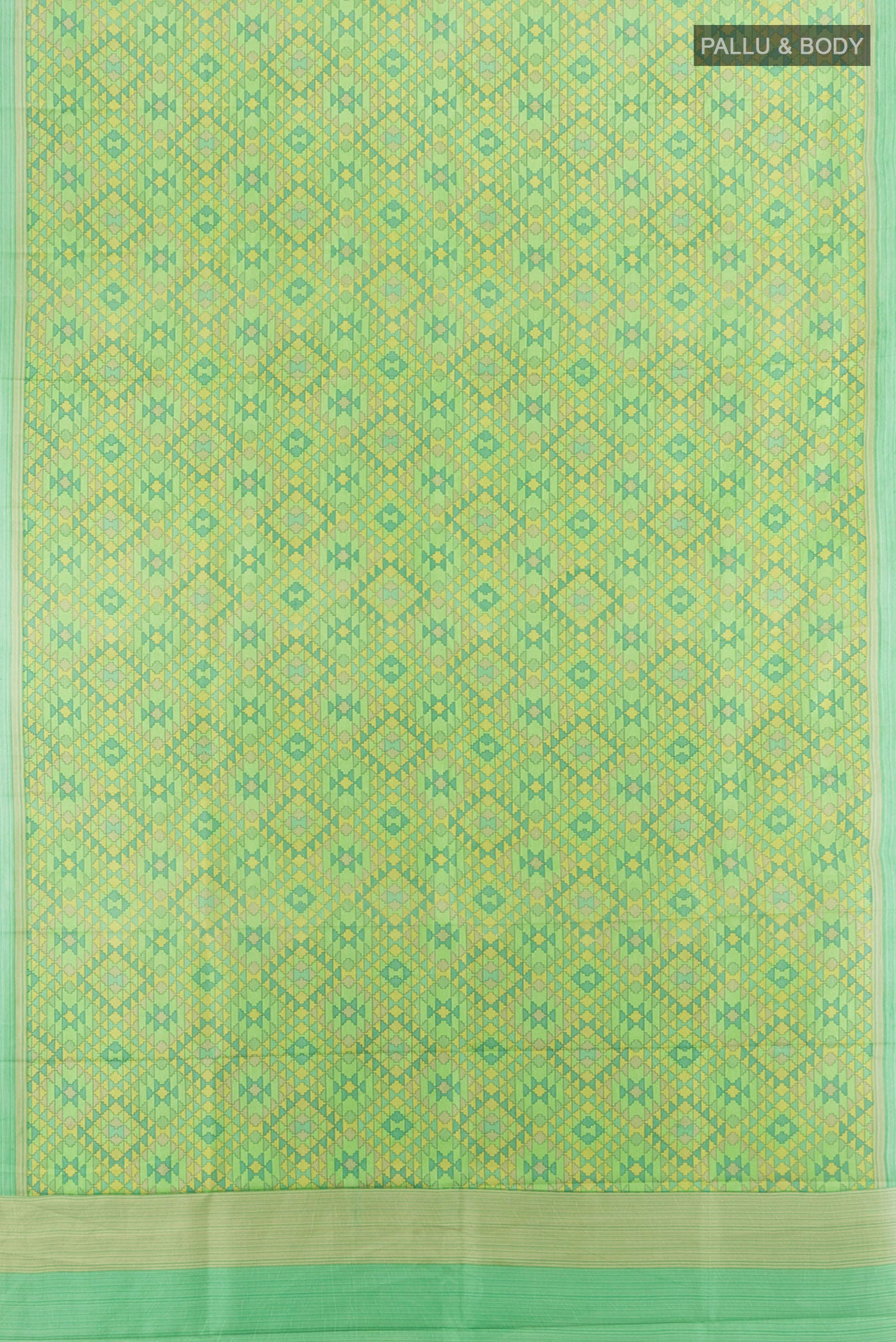 Flat view of Green Printed Silk Saree with Printed design on the body and Printed Border. 