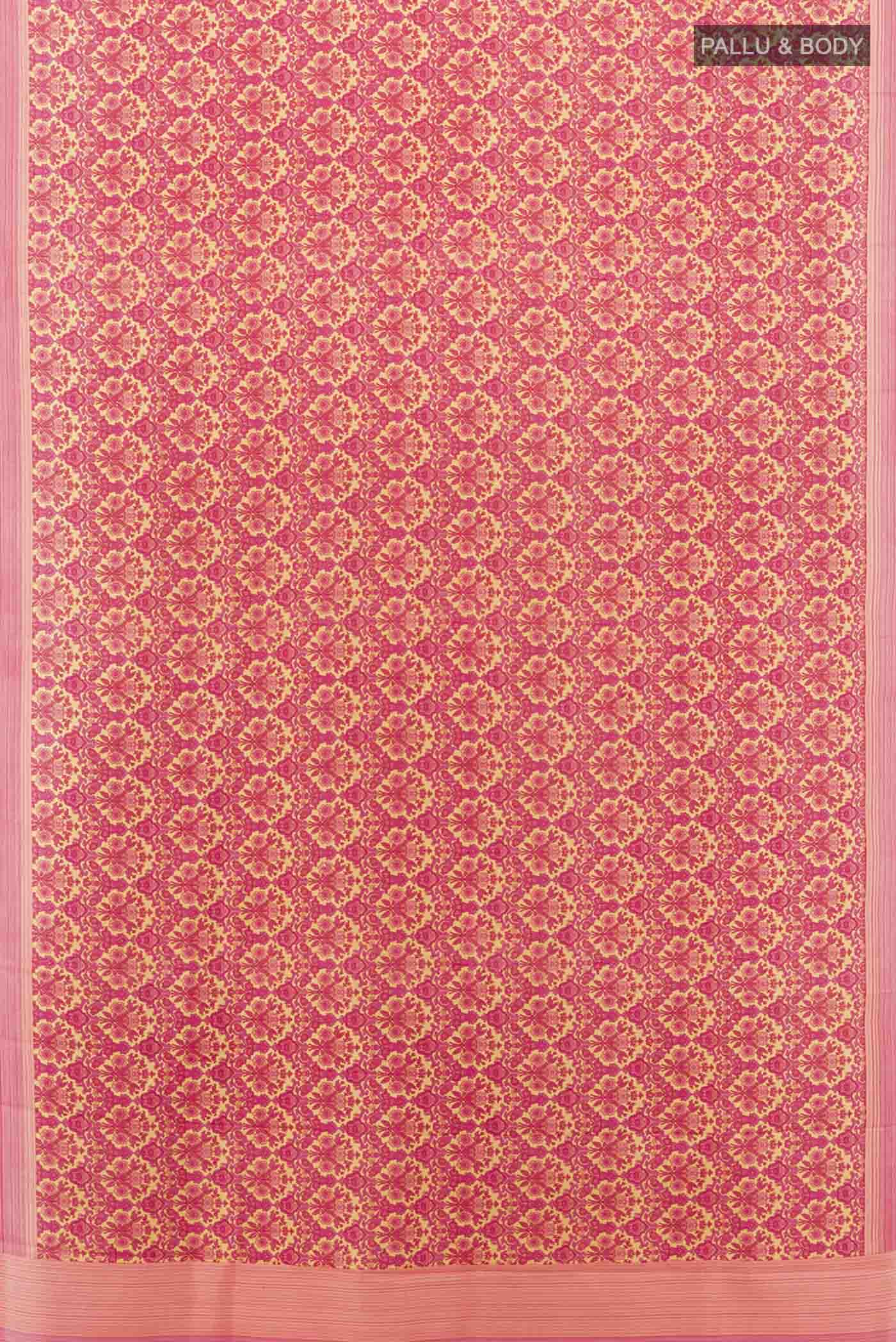 Flat view of Dark Pink Printed Silk Saree with Floral Print on the body and Fancy Border