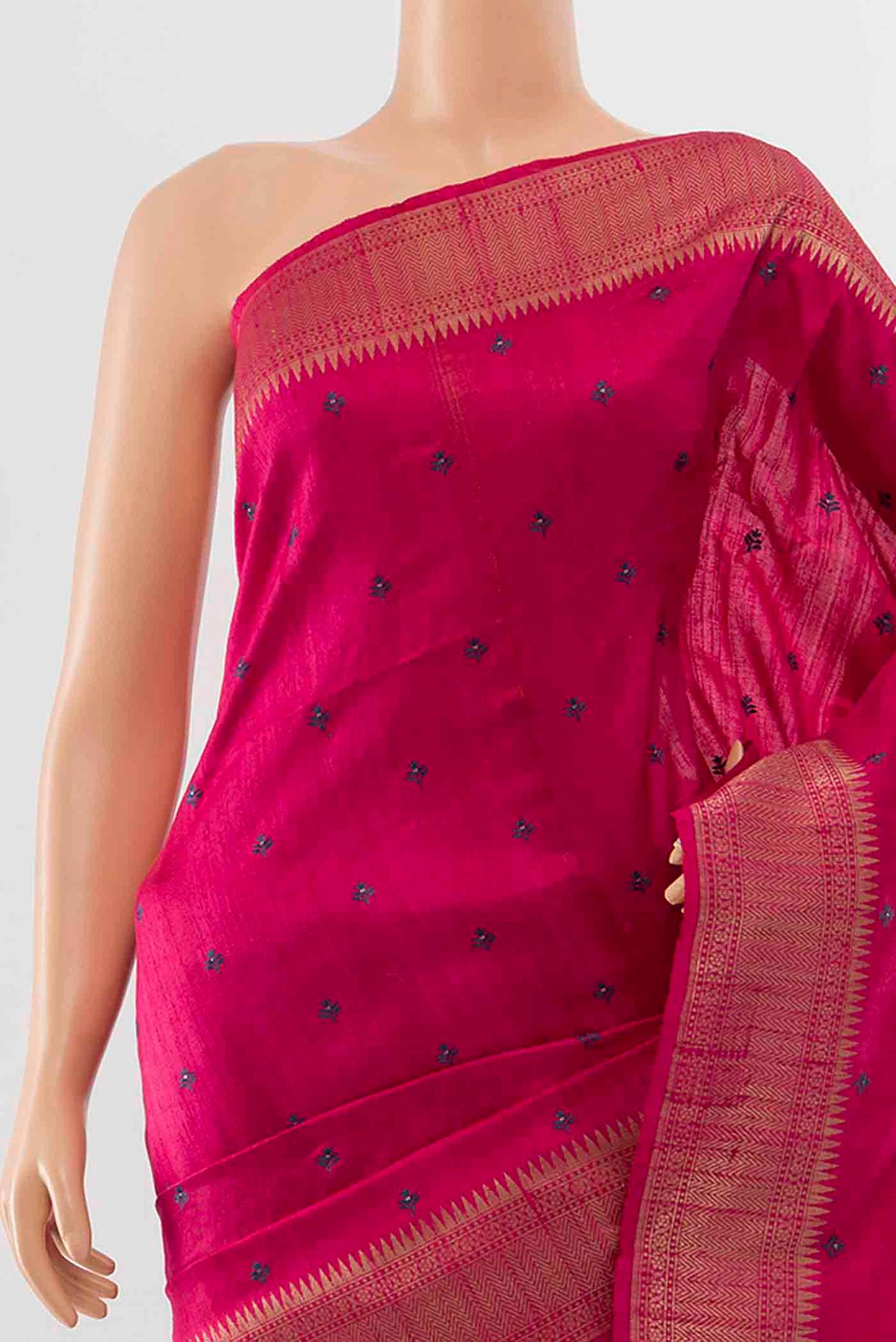 Border image of Dark Pink Tussar Silk Saree with Zari Butta on the body and Silk Border
