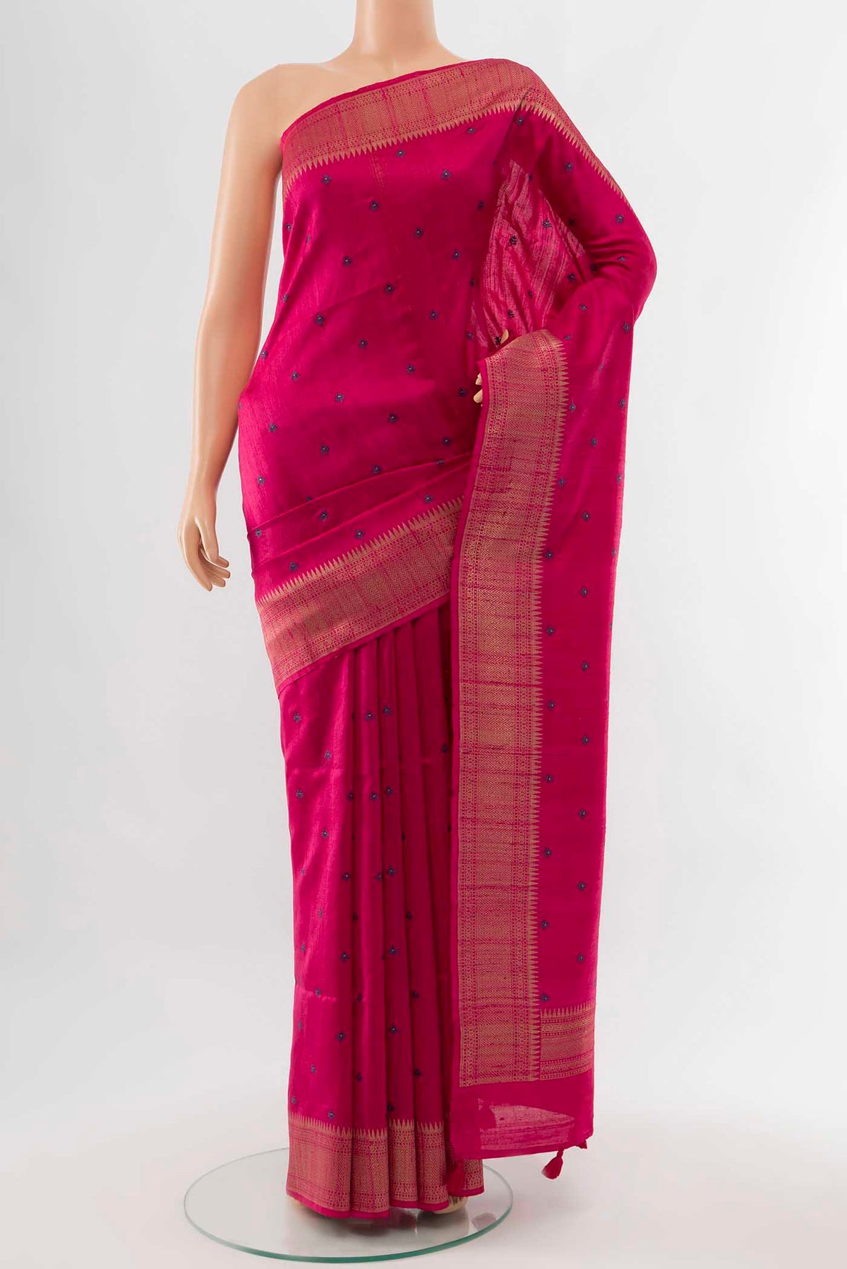 Dark Pink Tussar Silk Saree with Zari Butta on the body and Silk Border displayed on a mannequin