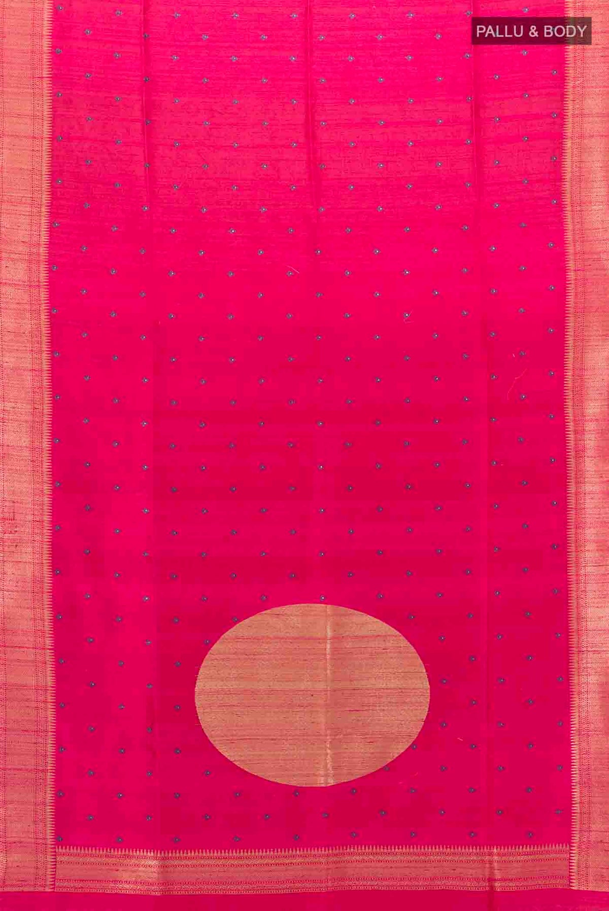 Flat view of Dark Pink Tussar Silk Saree with Zari Butta on the body and Silk Border