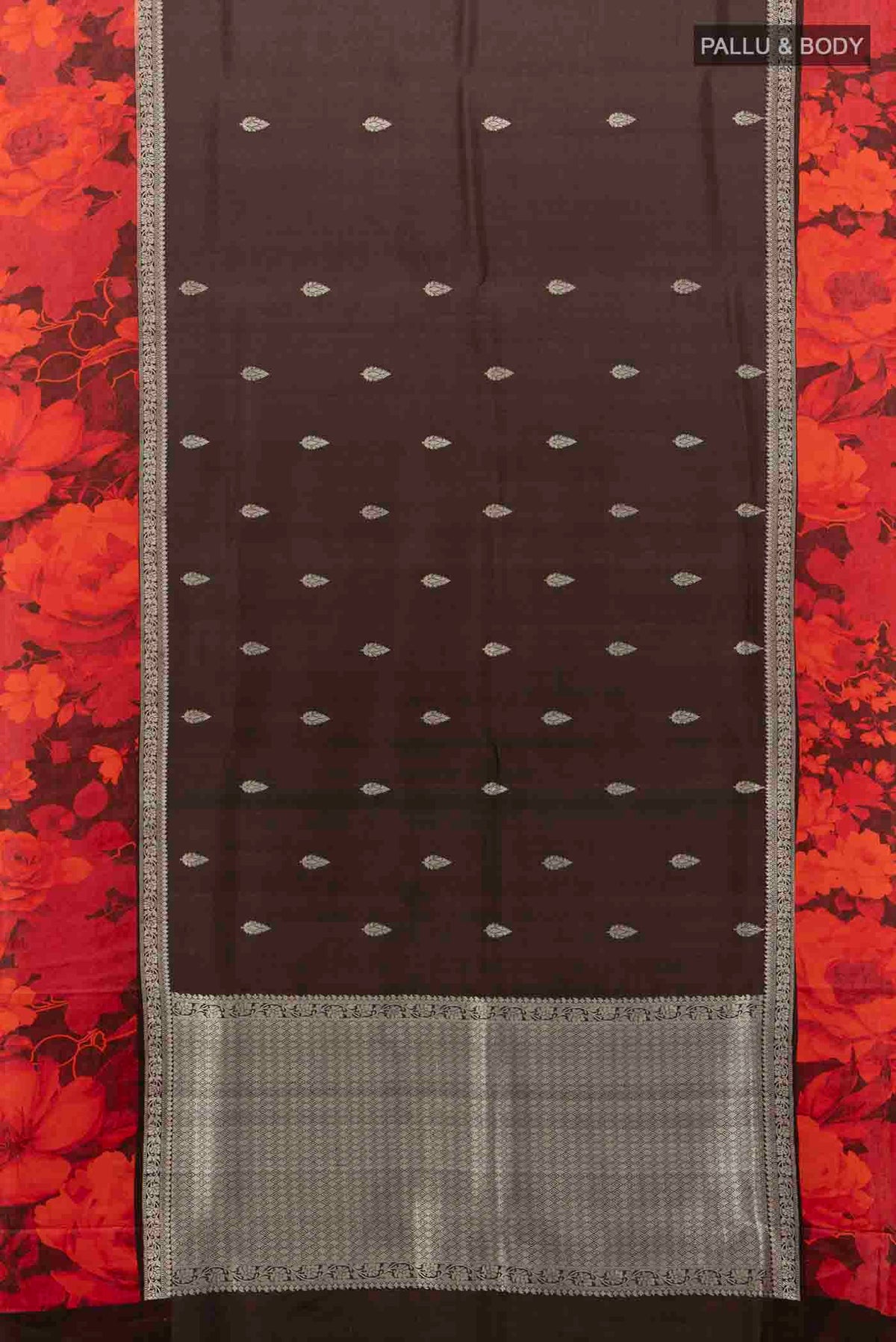 Flat view of Coffee Brown Bhagalpuri Tussar Silk Saree with Zari Butta on the body and Fancy Border