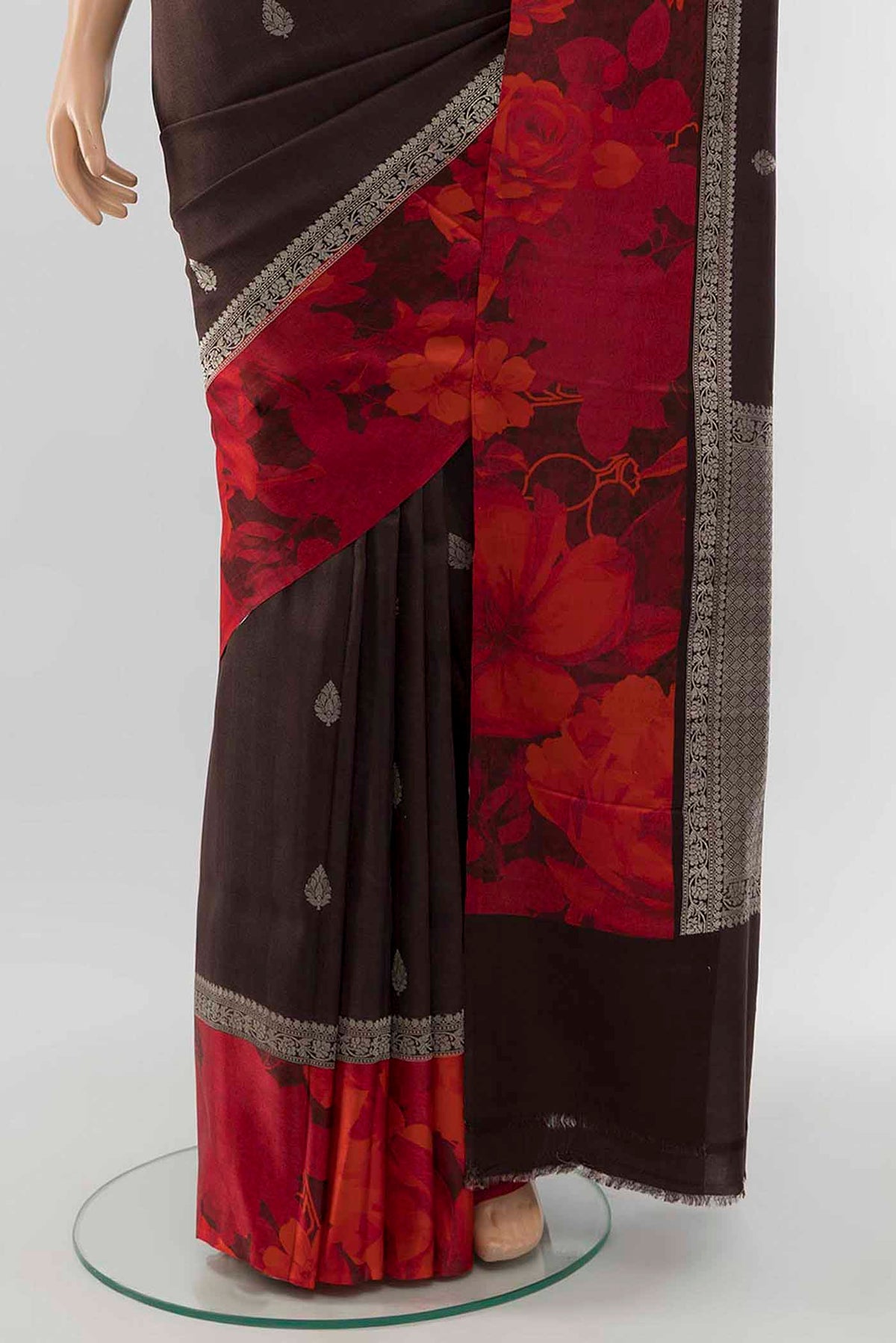 Pleats and pallu of Coffee Brown Bhagalpuri Tussar Silk Saree with Zari Butta on the body and Fancy Border