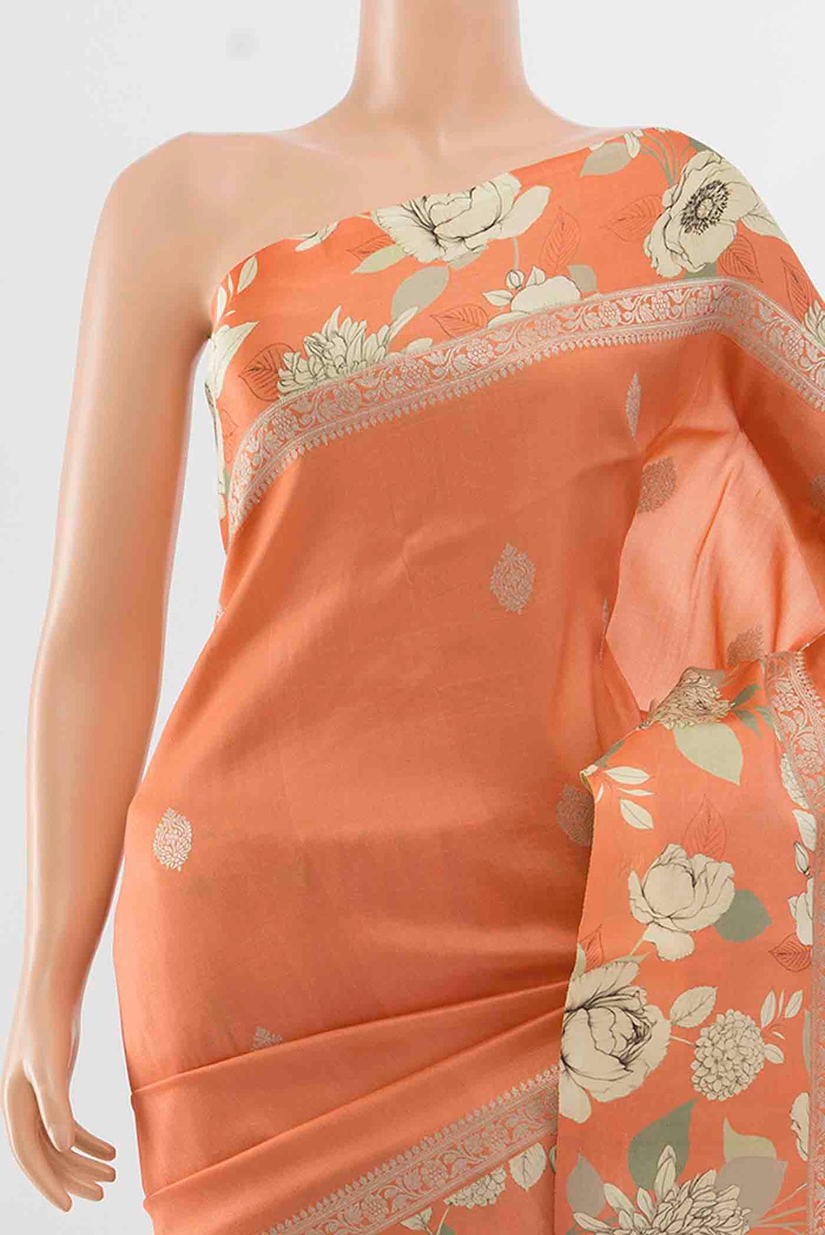 Border image of Orange Tussar Silk Saree with Floral Print on the body and Silk Border
