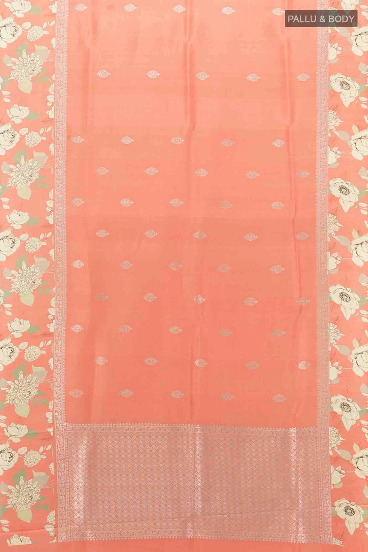 Flat view of Orange Tussar Silk Saree with Floral Print on the body and Silk Border