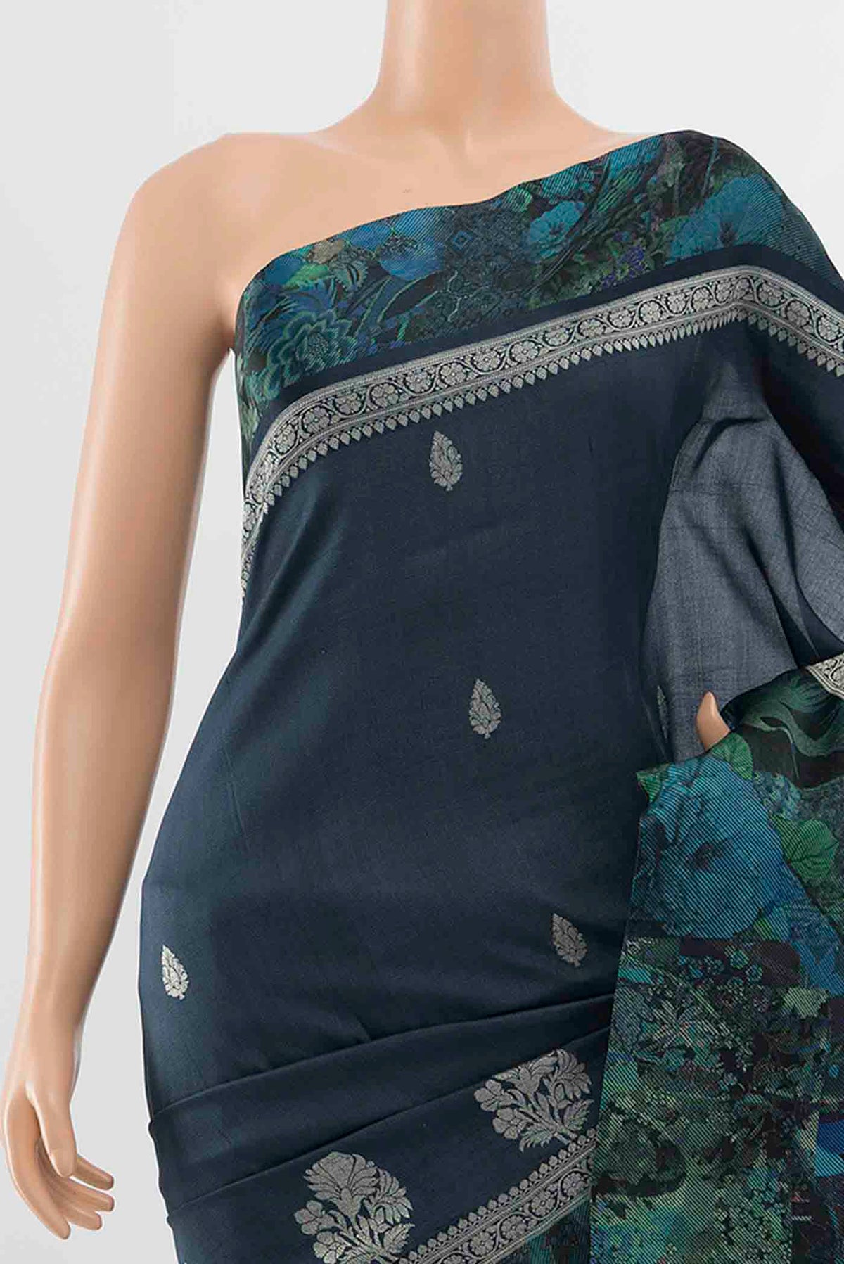 Border image of Navy Blue Tussar Silk Saree with Floral Print on the body and Silk Border