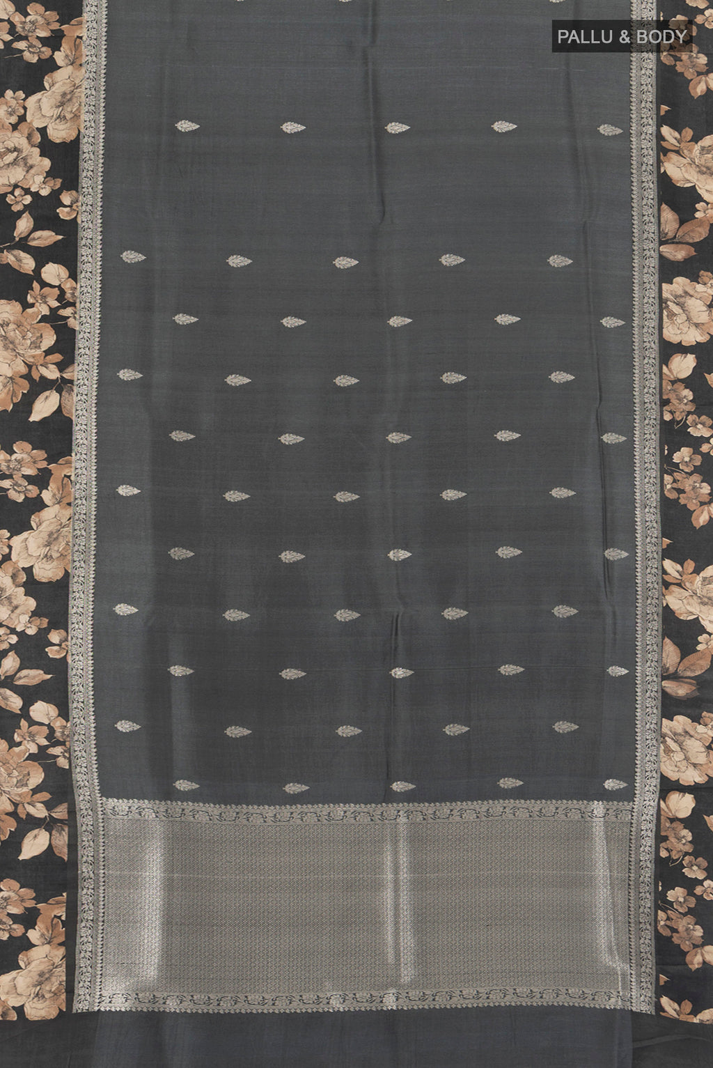 Flat view of Grey Tussar Silk Saree with Zari Butta on the body and Fancy Border. 