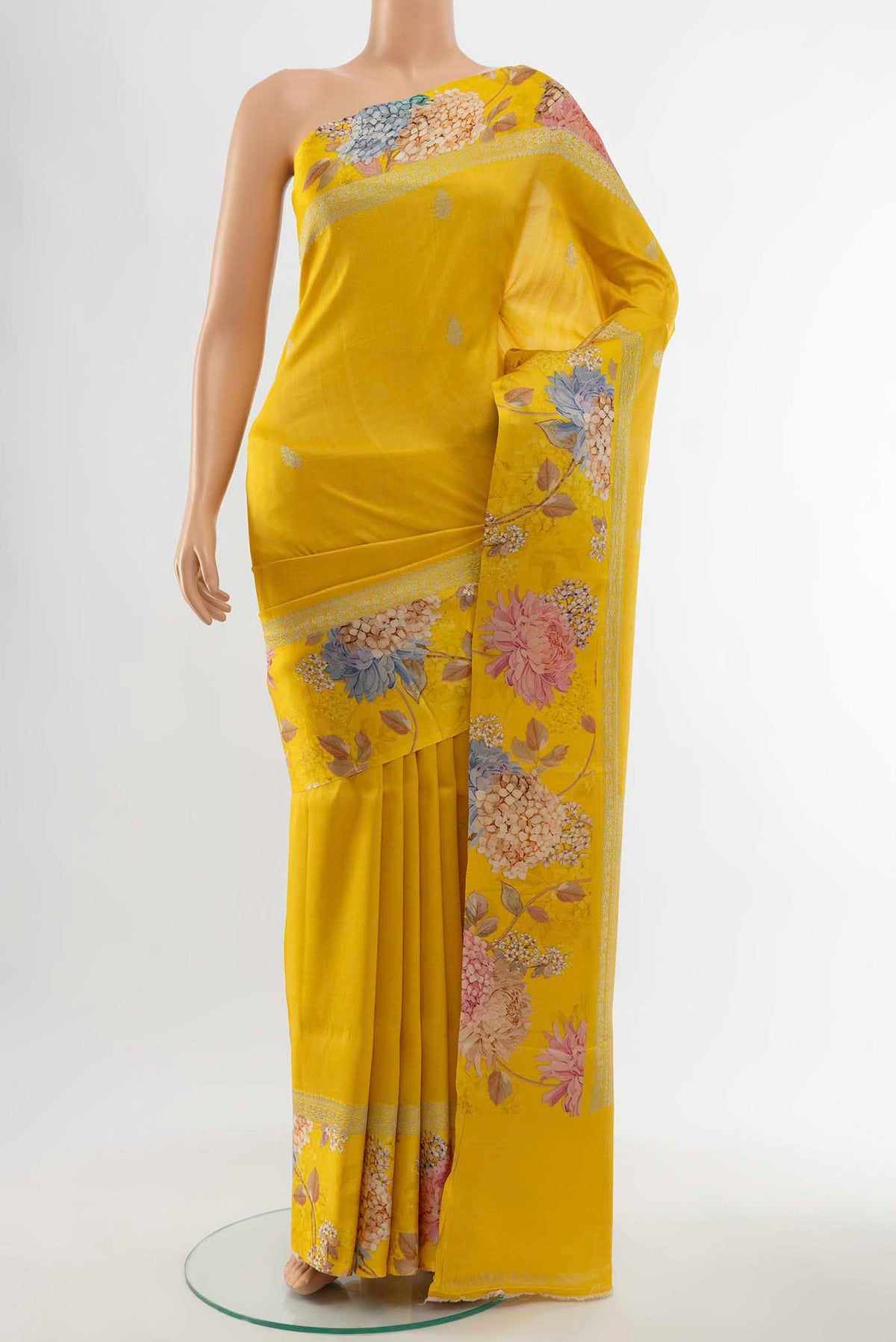 Yellow Bhagalpuri Tussar Silk Saree with Zari Butta on the body and Fancy Border displayed on a mannequin